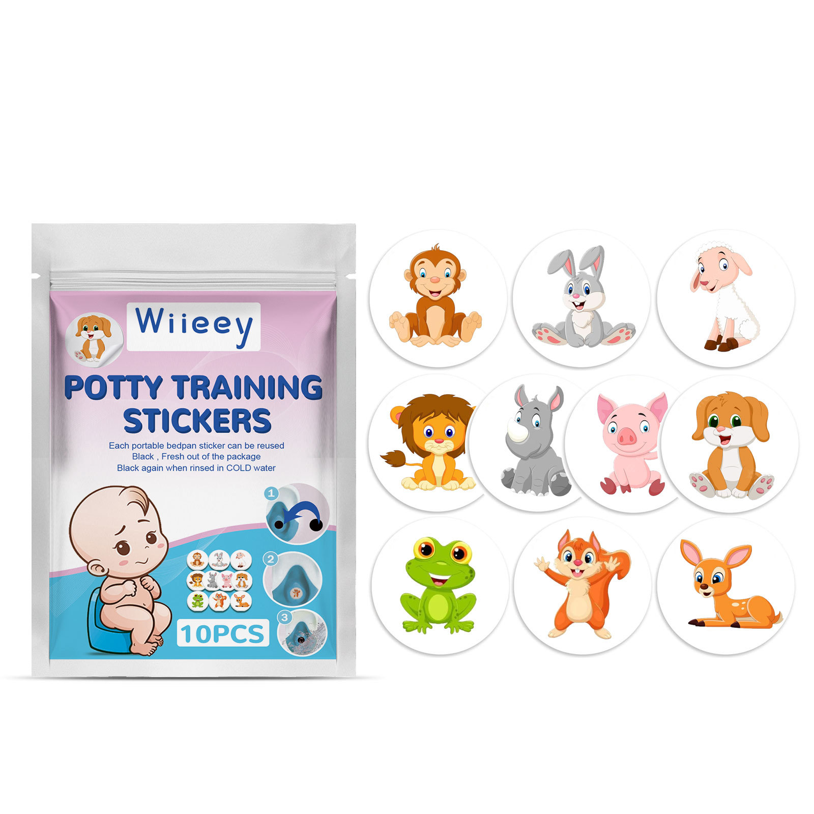 Wiieey potty training sticker pack with 10 adorable animal characters, sealed in a portable pouch
