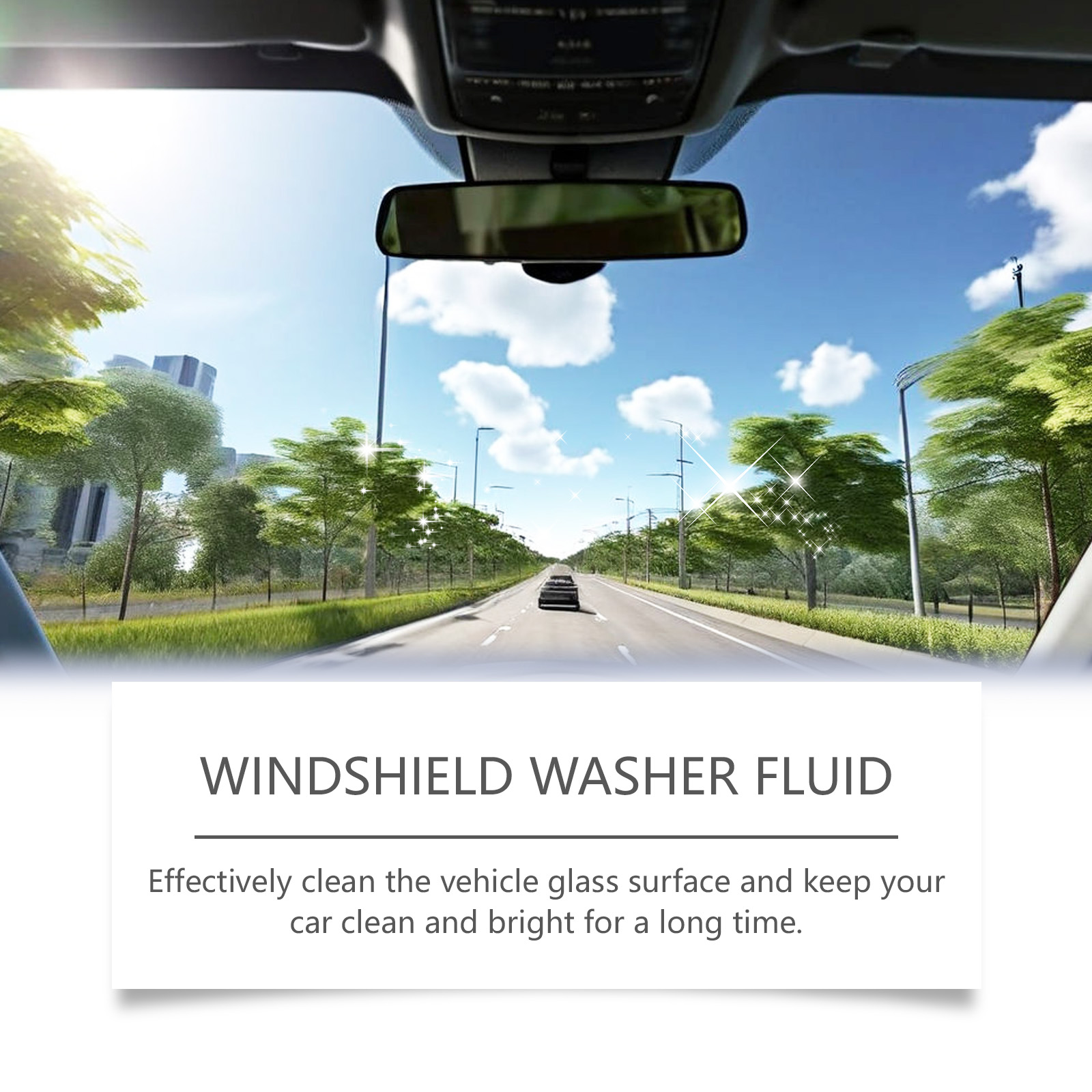 Bright highway view through clean vehicle windshield