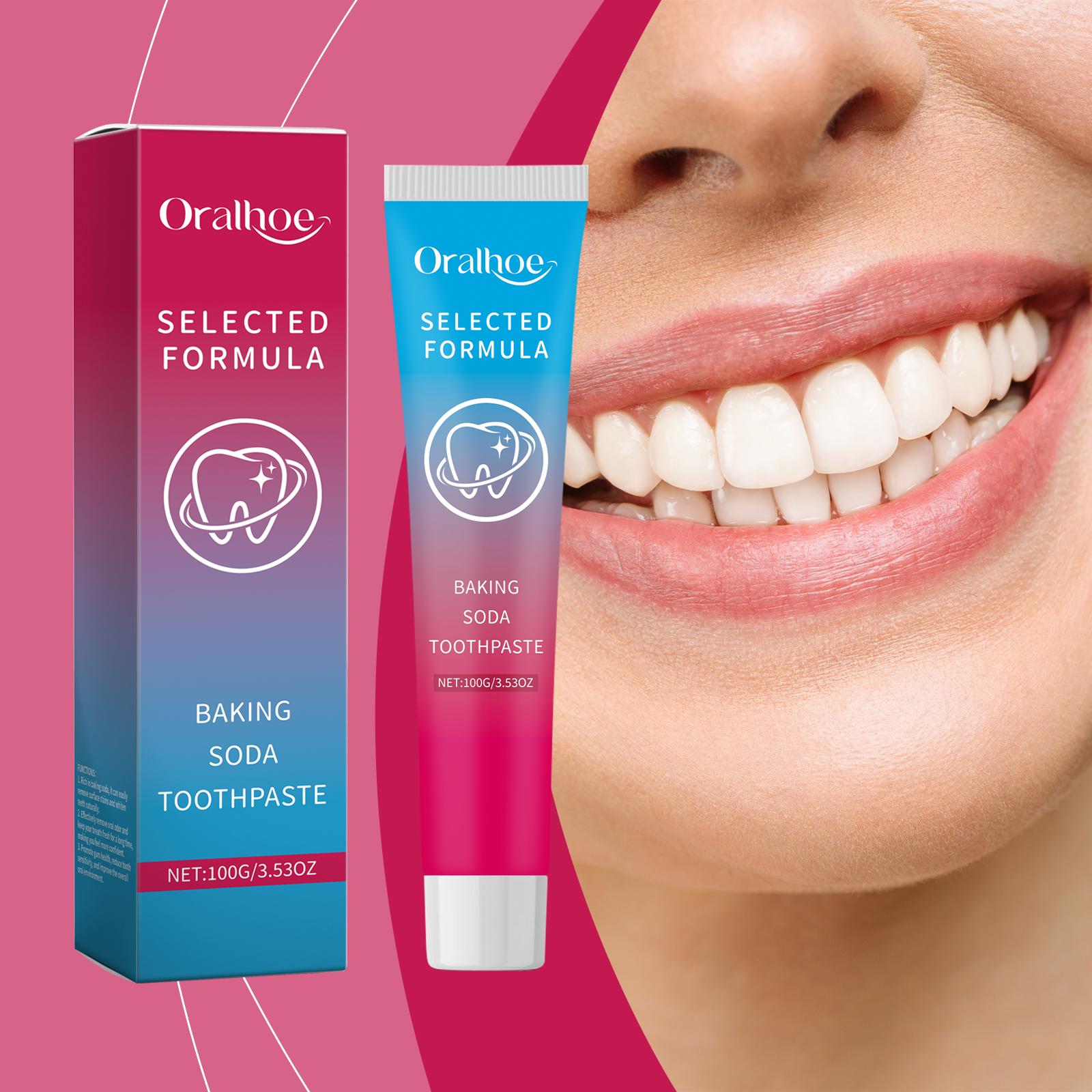 Smiling mouth beside baking soda toothpaste packaging