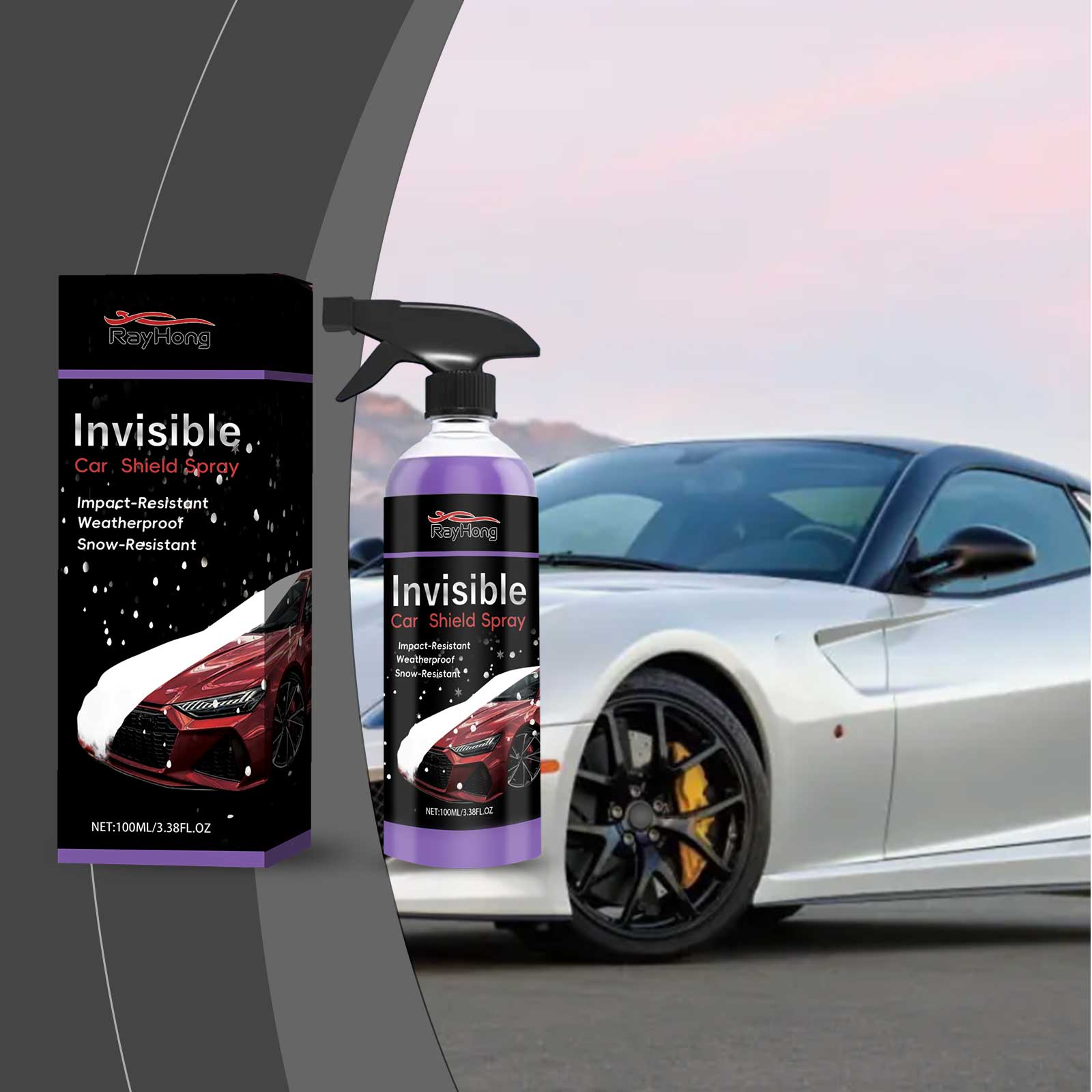 Car coating spray and box beside silver vehicle