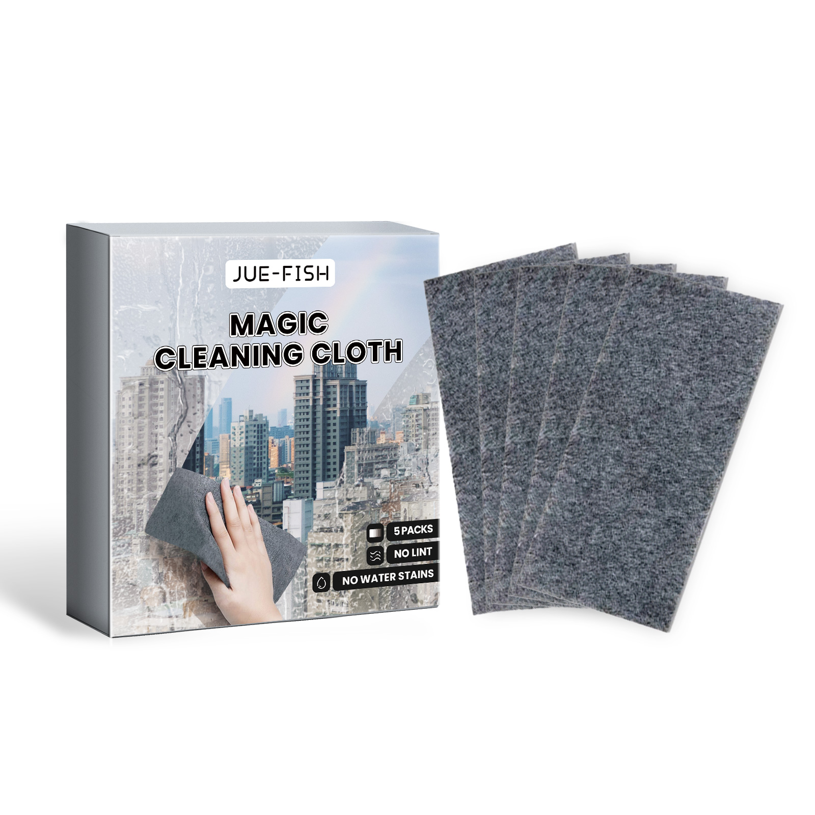 Five reusable cleaning cloths beside their retail box