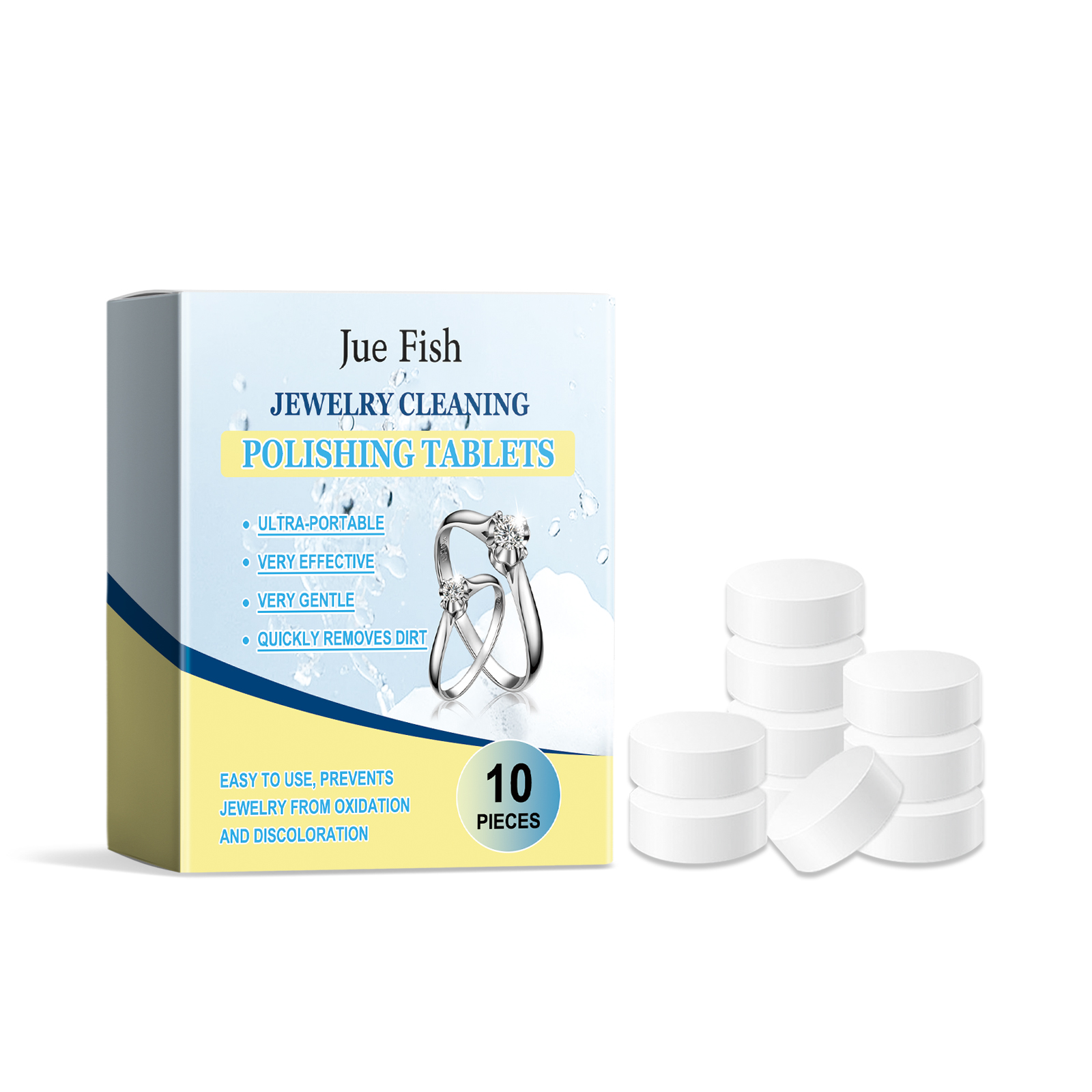 White effervescent tablets displayed beside jewelry cleaner container