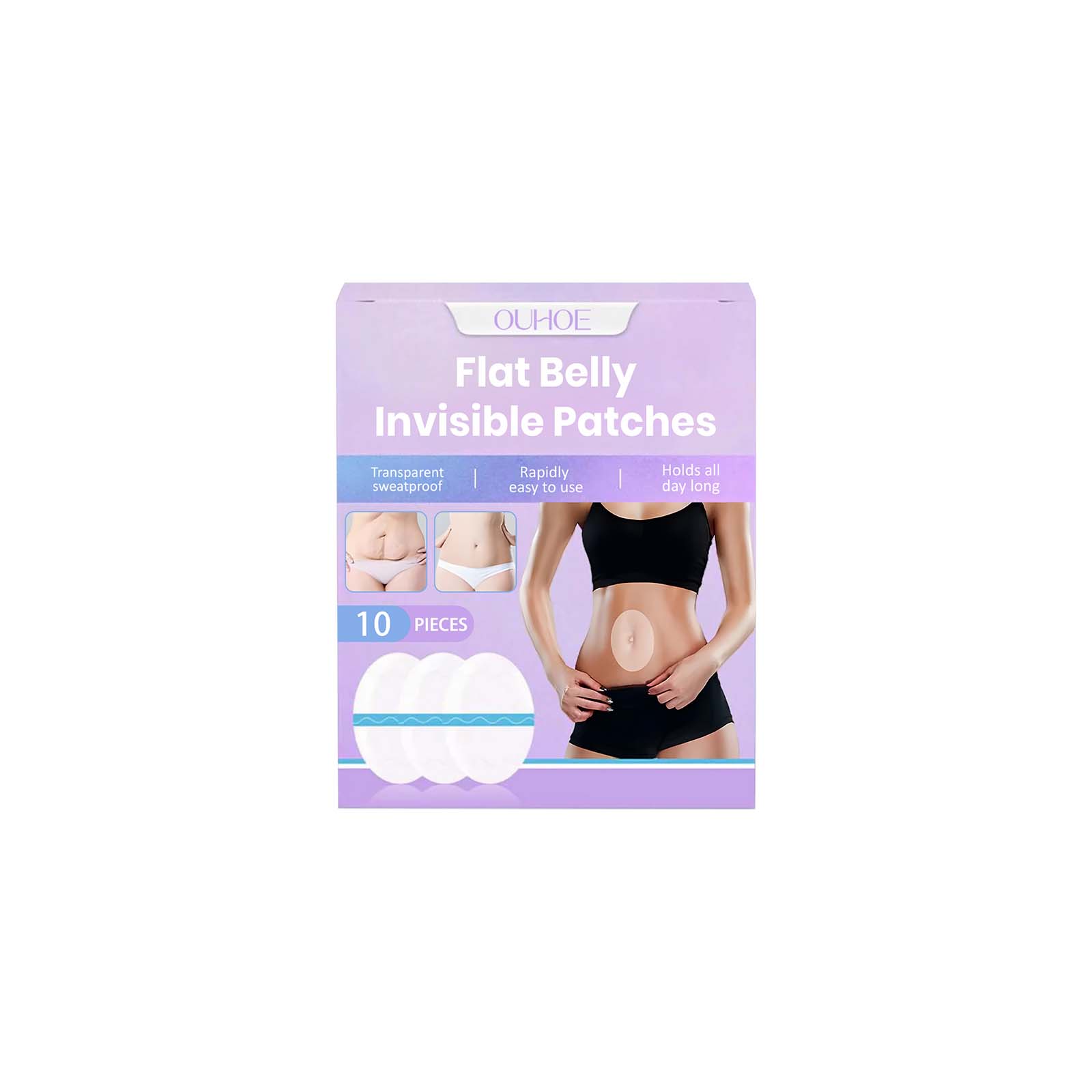 Before/after transformation of loose belly skin to tightened, lifted appearance with transparent firming patches