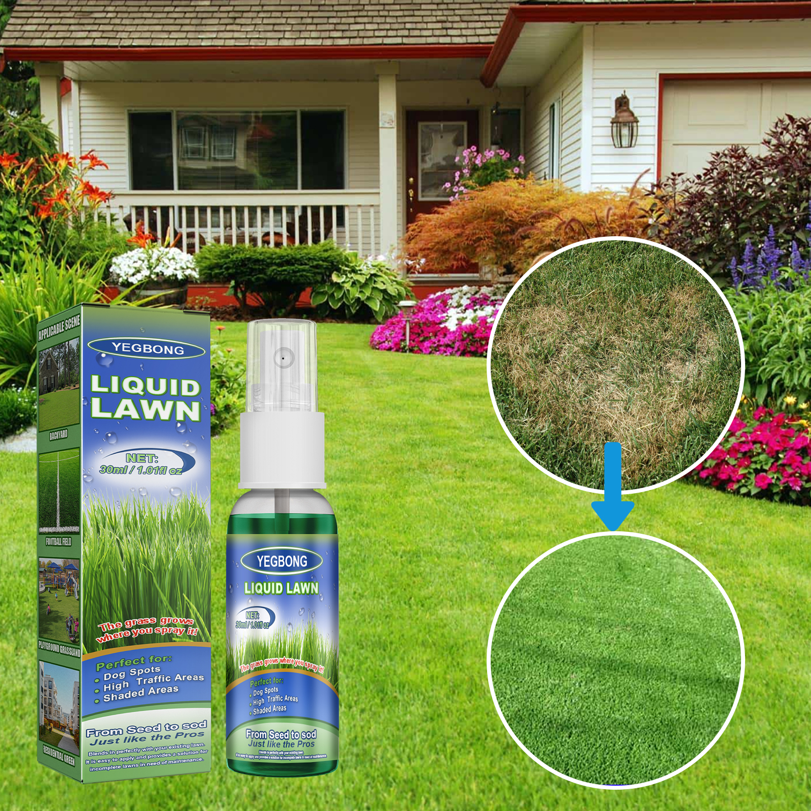Compact lawn spray shown beside residential grass