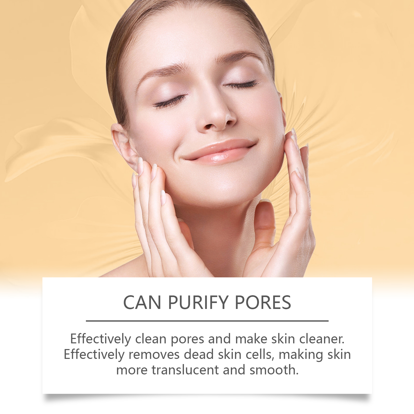 Woman touching face beside pore-purifying gel claim