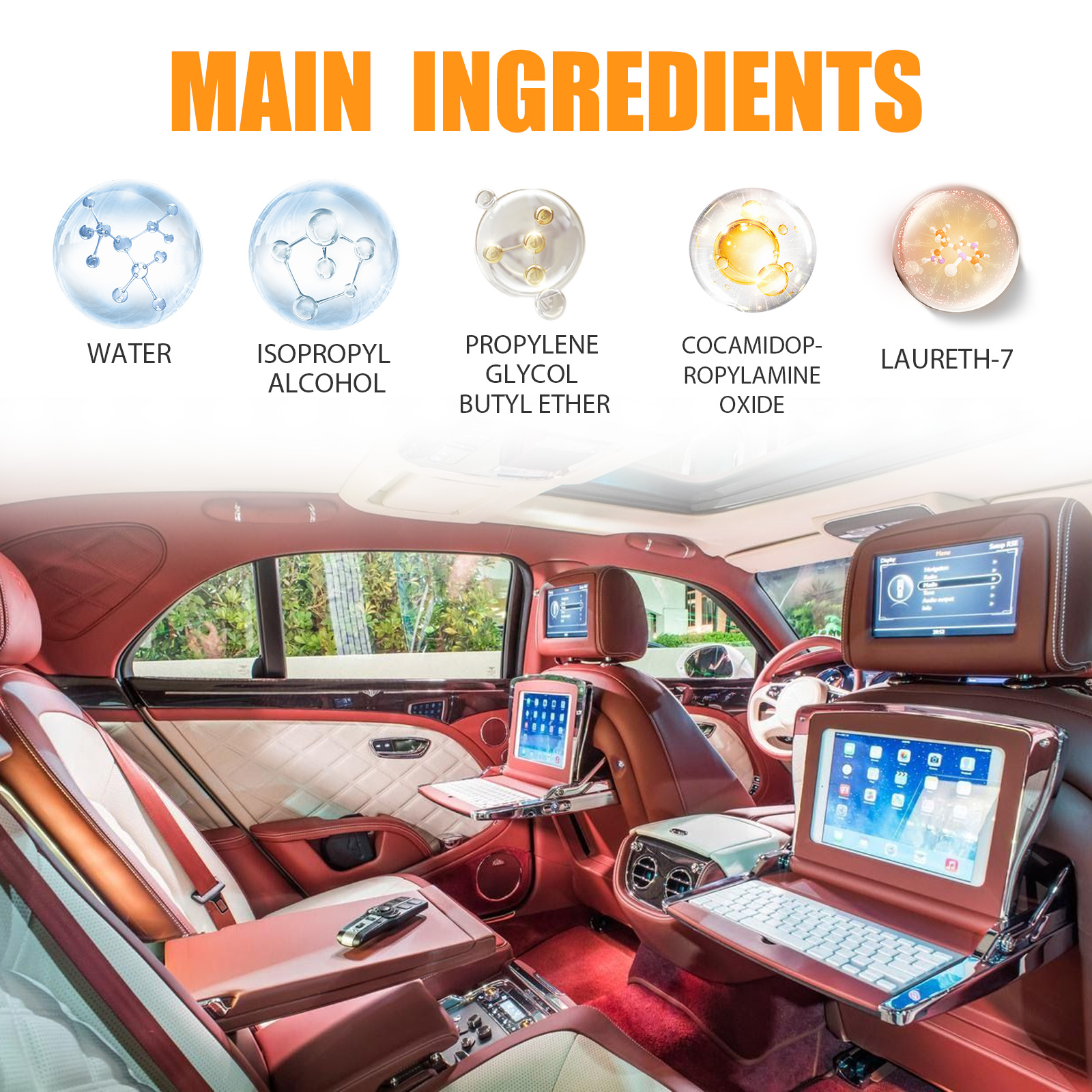 Trim restorer ingredient graphic over car interior