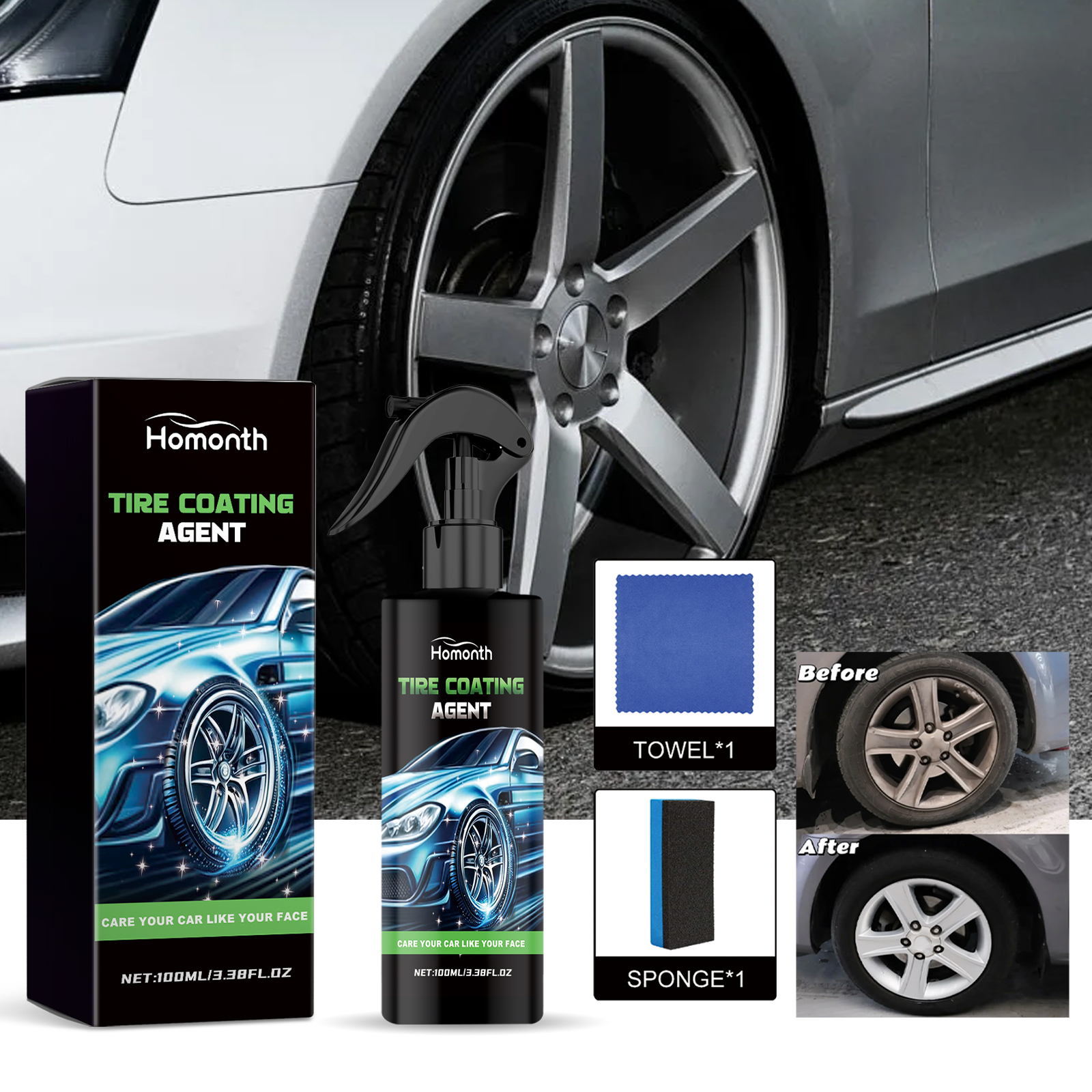 Tire coating kit showing darker cleaner-looking sidewall result