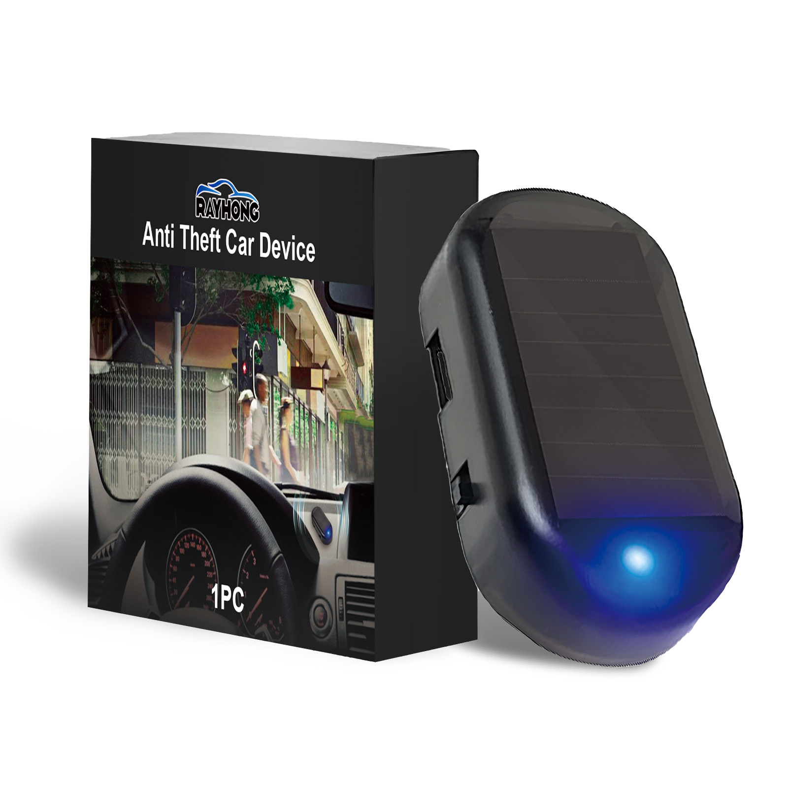 Close view of glowing blue anti-theft car indicator