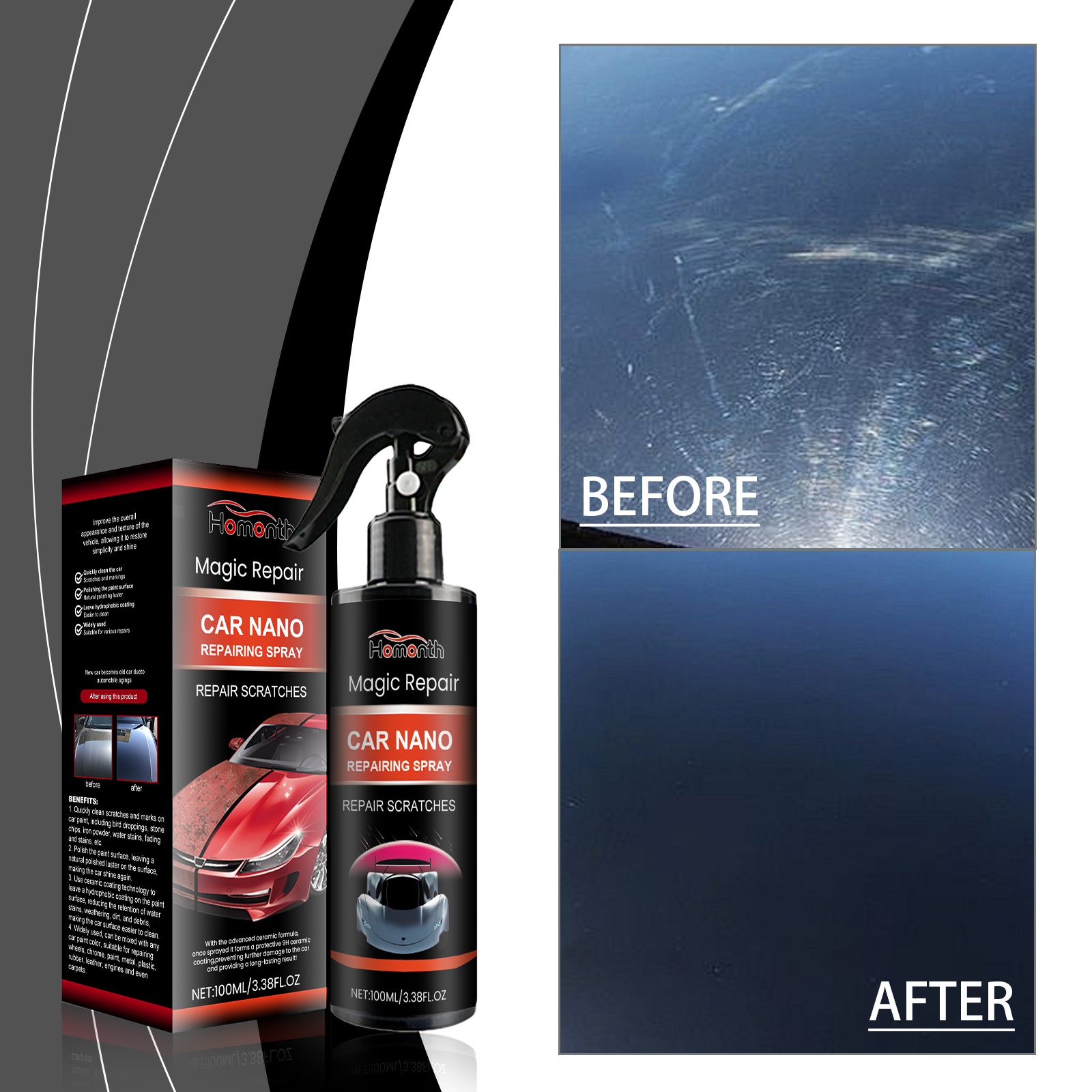 Before and after comparison of automotive painted surface