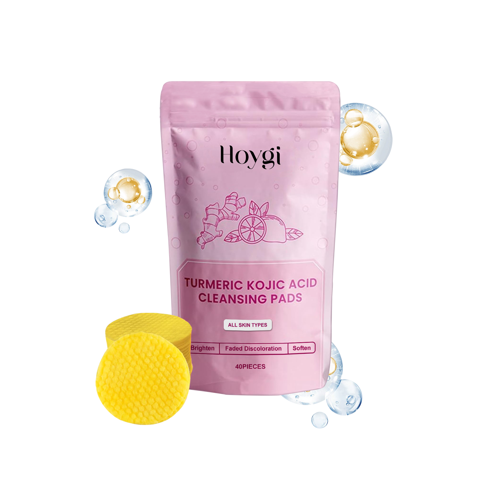 Yellow textured cleansing pad with pink pouch