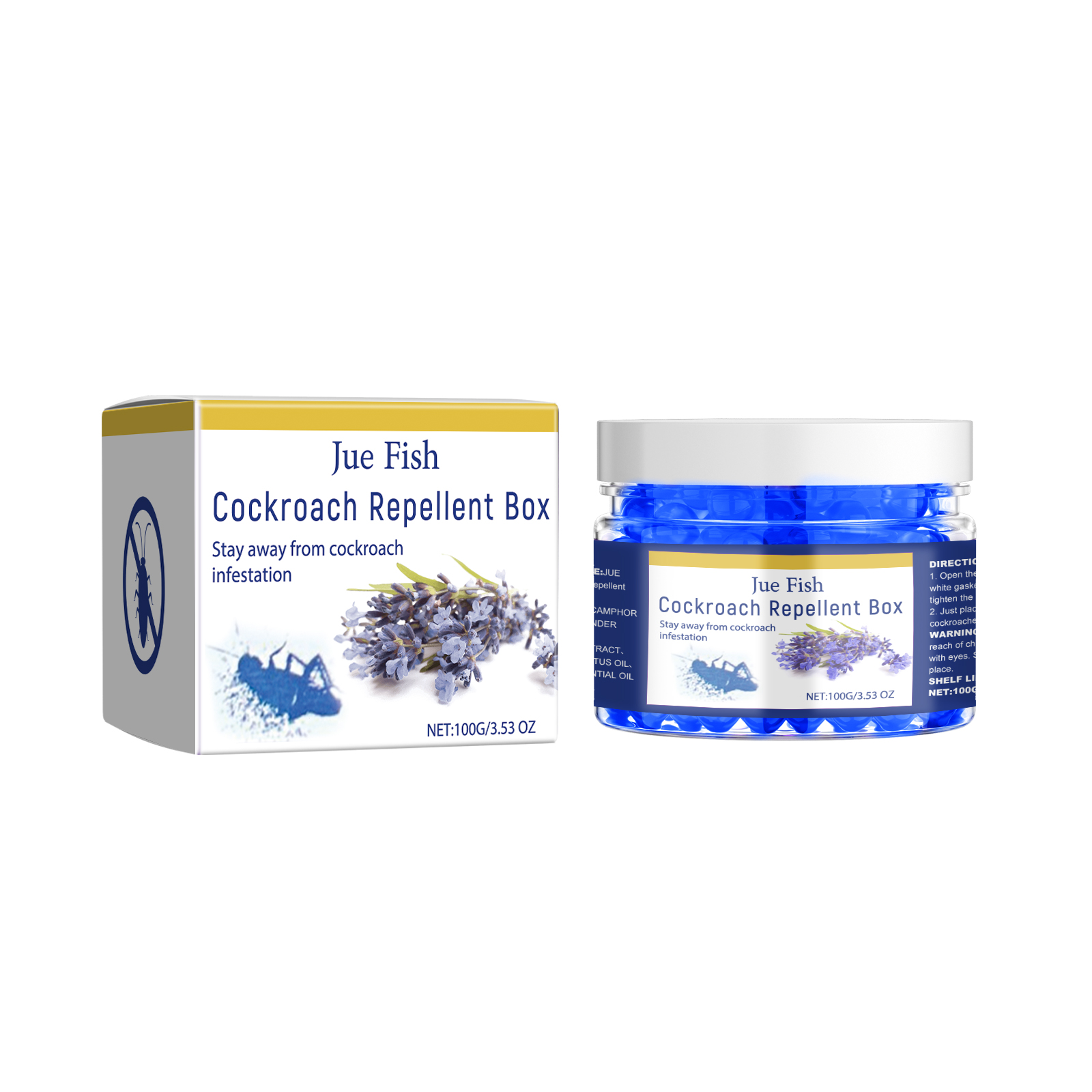 Blue repellent container beside its retail carton