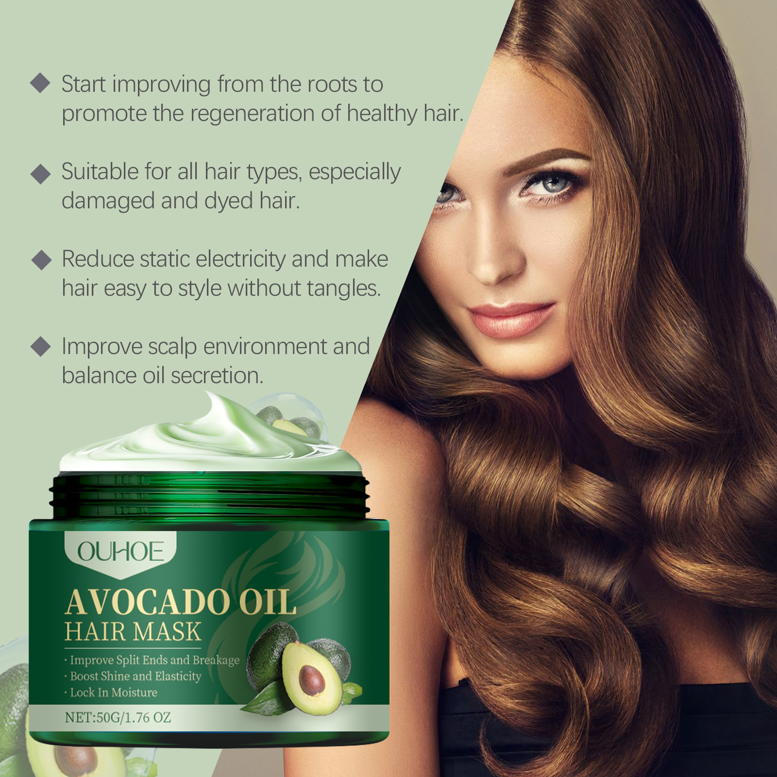 Creamy avocado hair mask beside glossy long brown hair