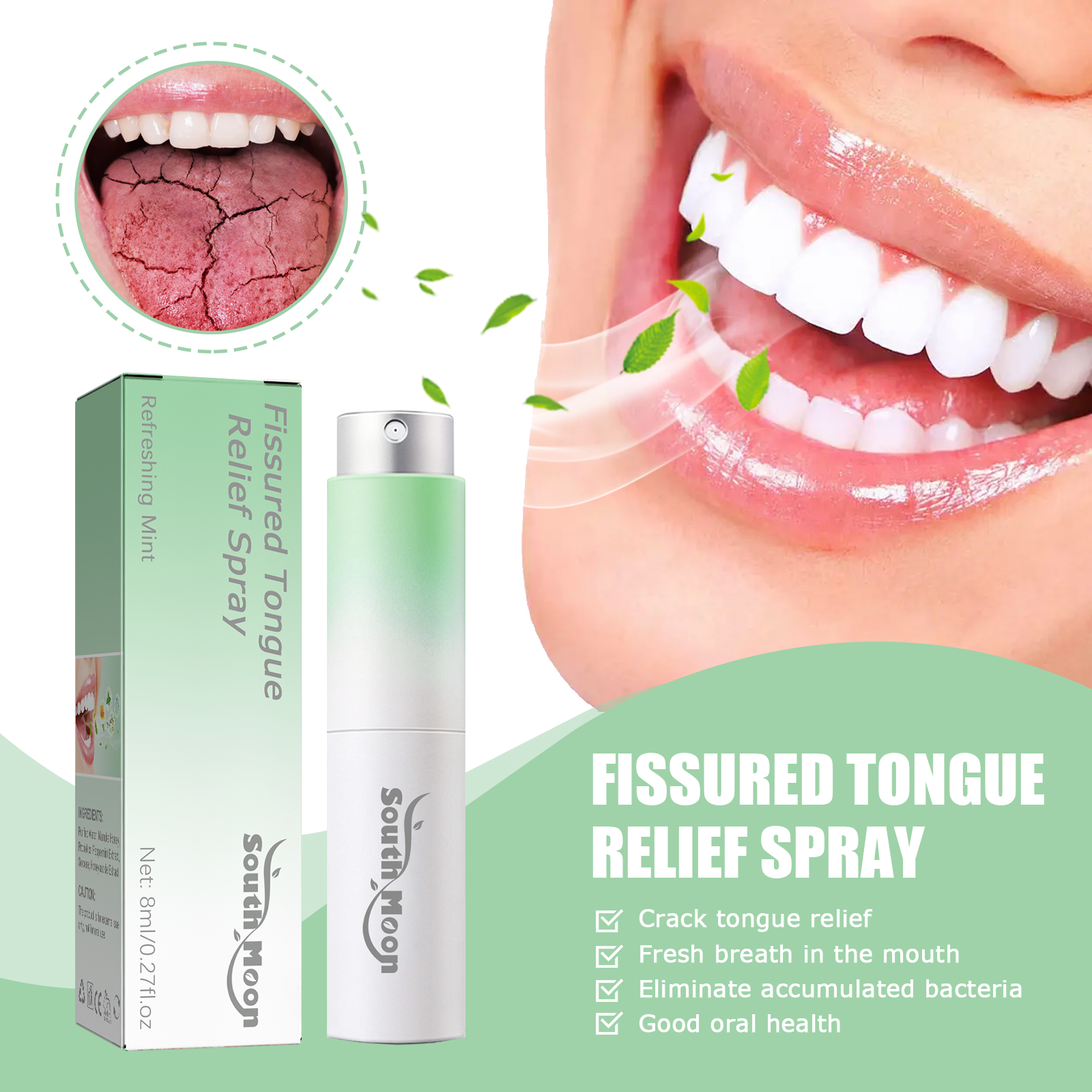 Oral spray shown with cracked tongue relief benefits