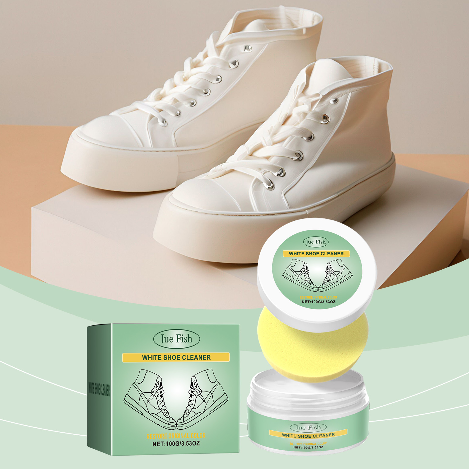 Portable shoe cleaner beside white sneakers