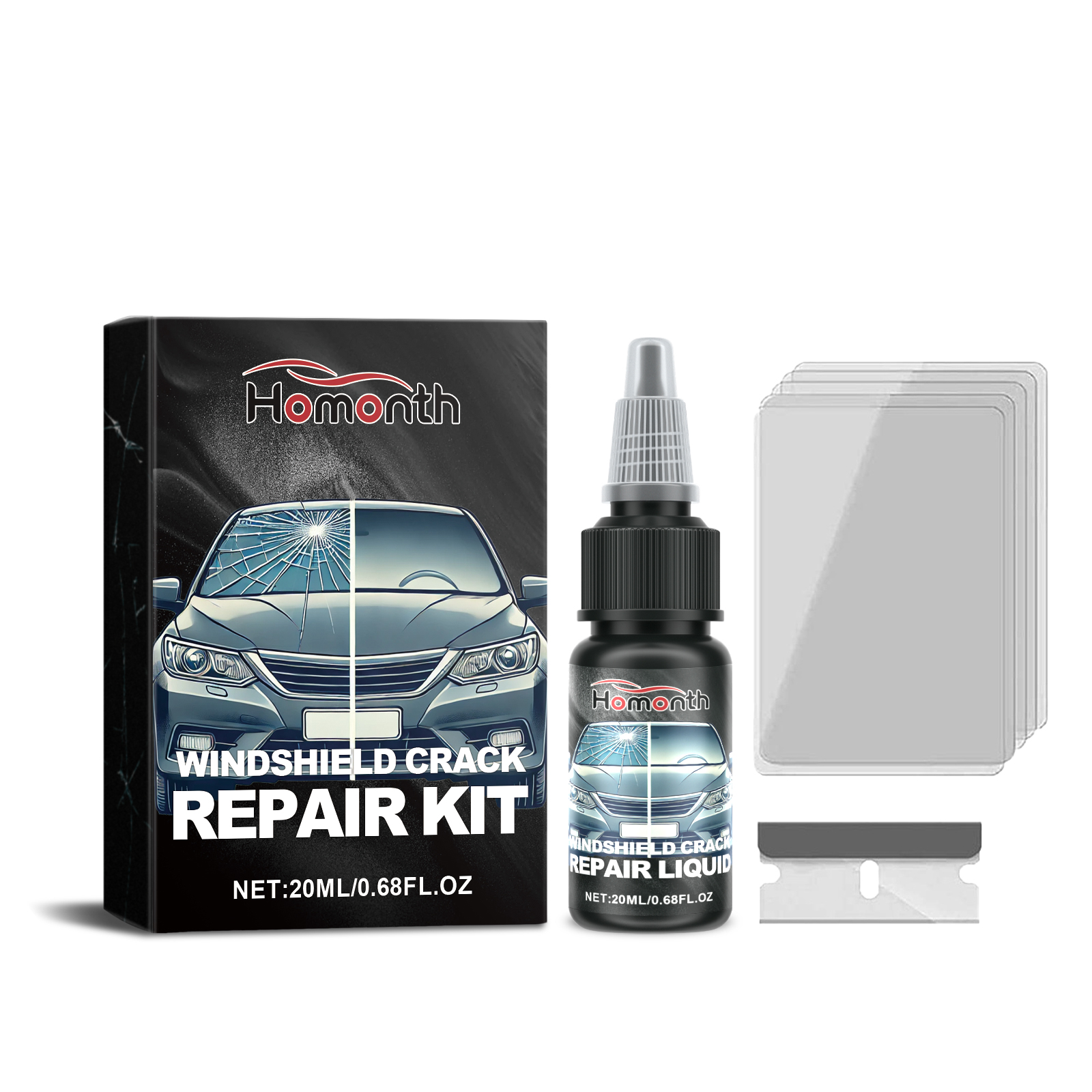Windshield repair plates arranged beside liquid bottle