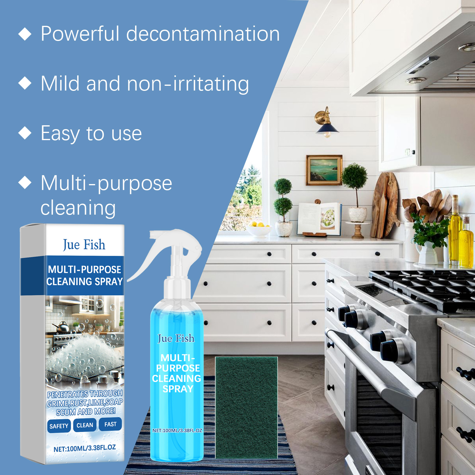Blue cleaning spray presented beside bright kitchen scene