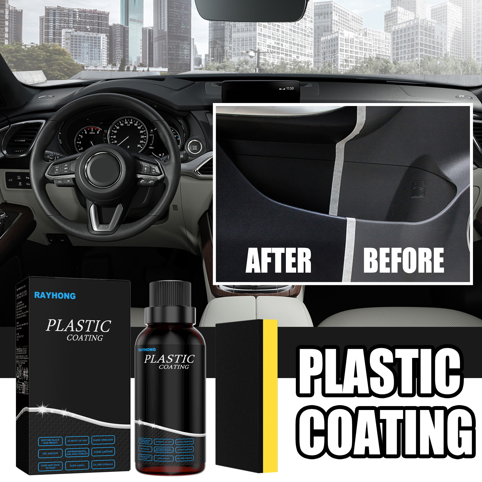 Darker automotive panel after plastic treatment