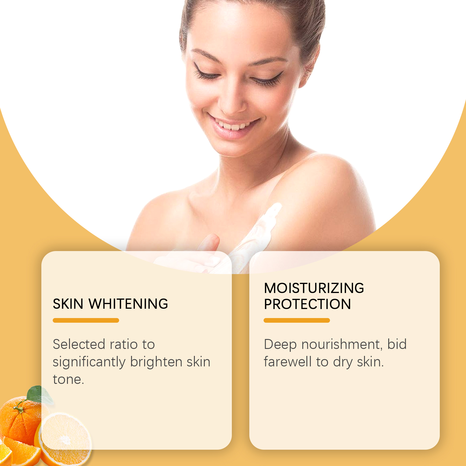 Woman applying body cream beside moisturizing benefit message