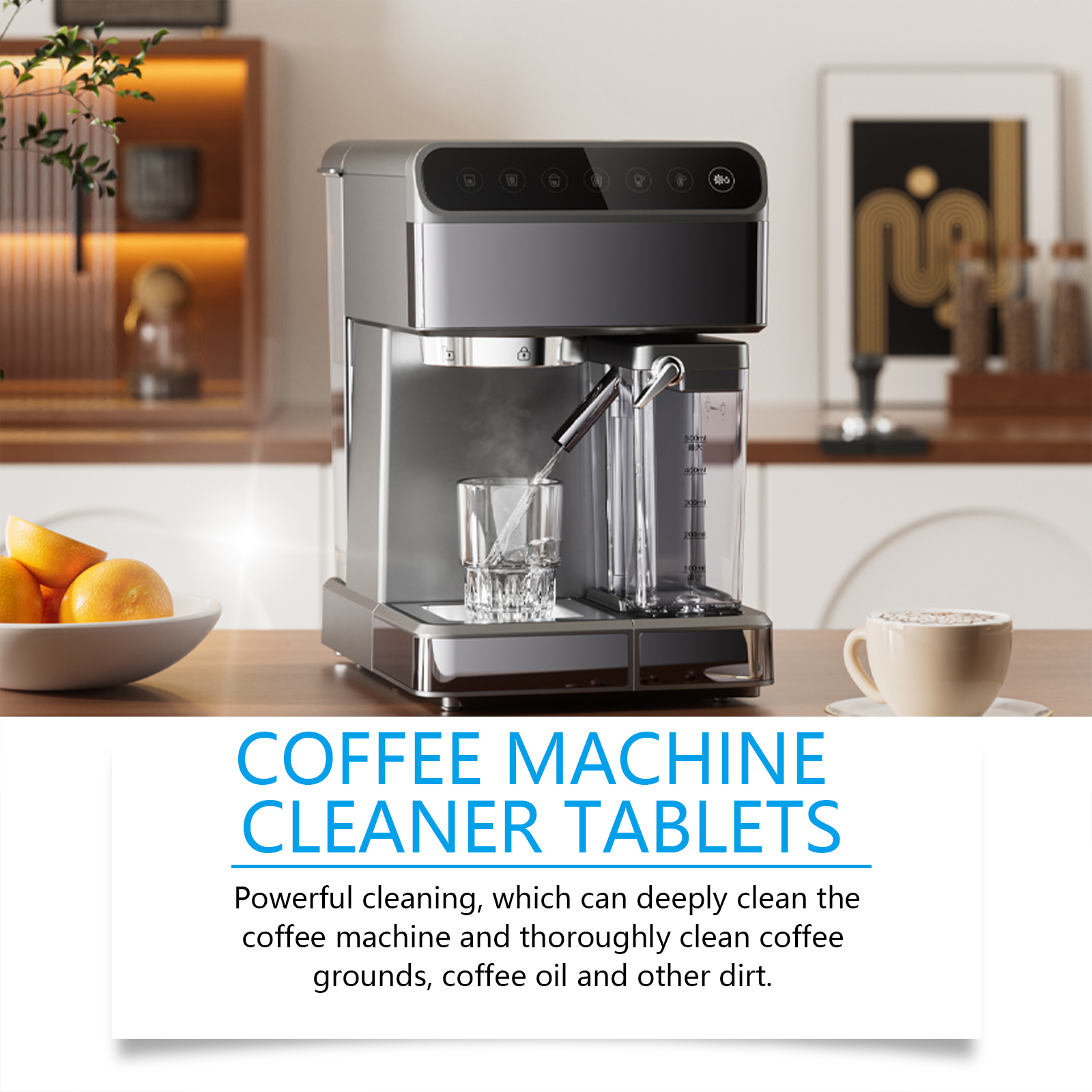 Coffee machine and cup in a bright home kitchen