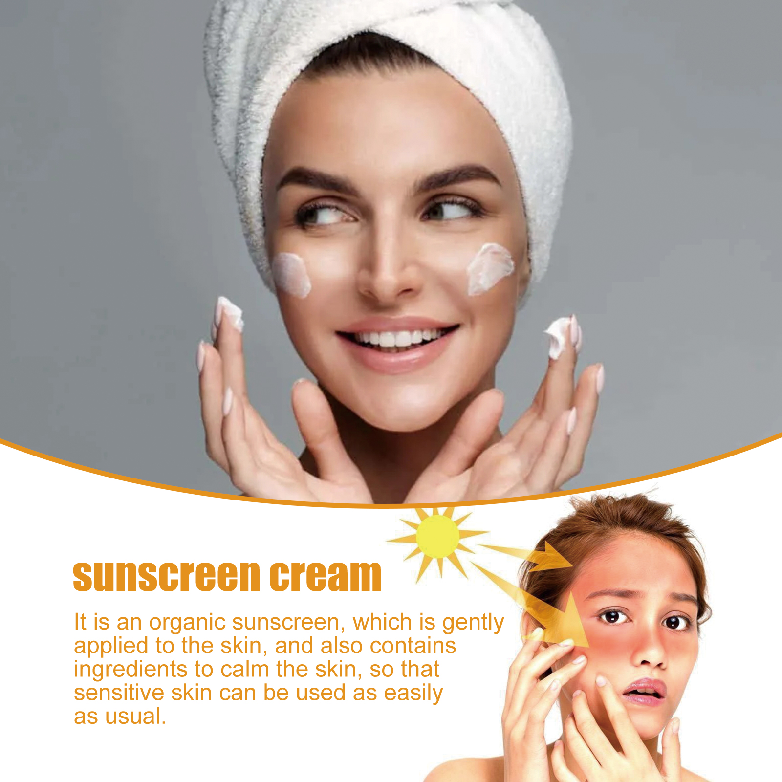Woman applying lightweight white sunscreen cream