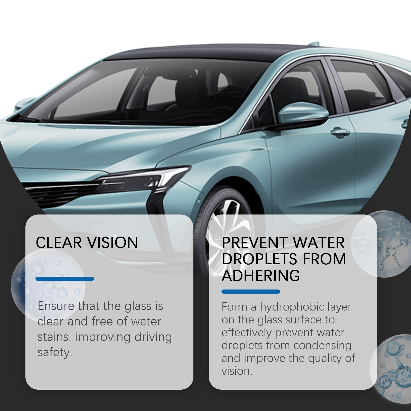 Clear car glass with anti-droplet treatment visual