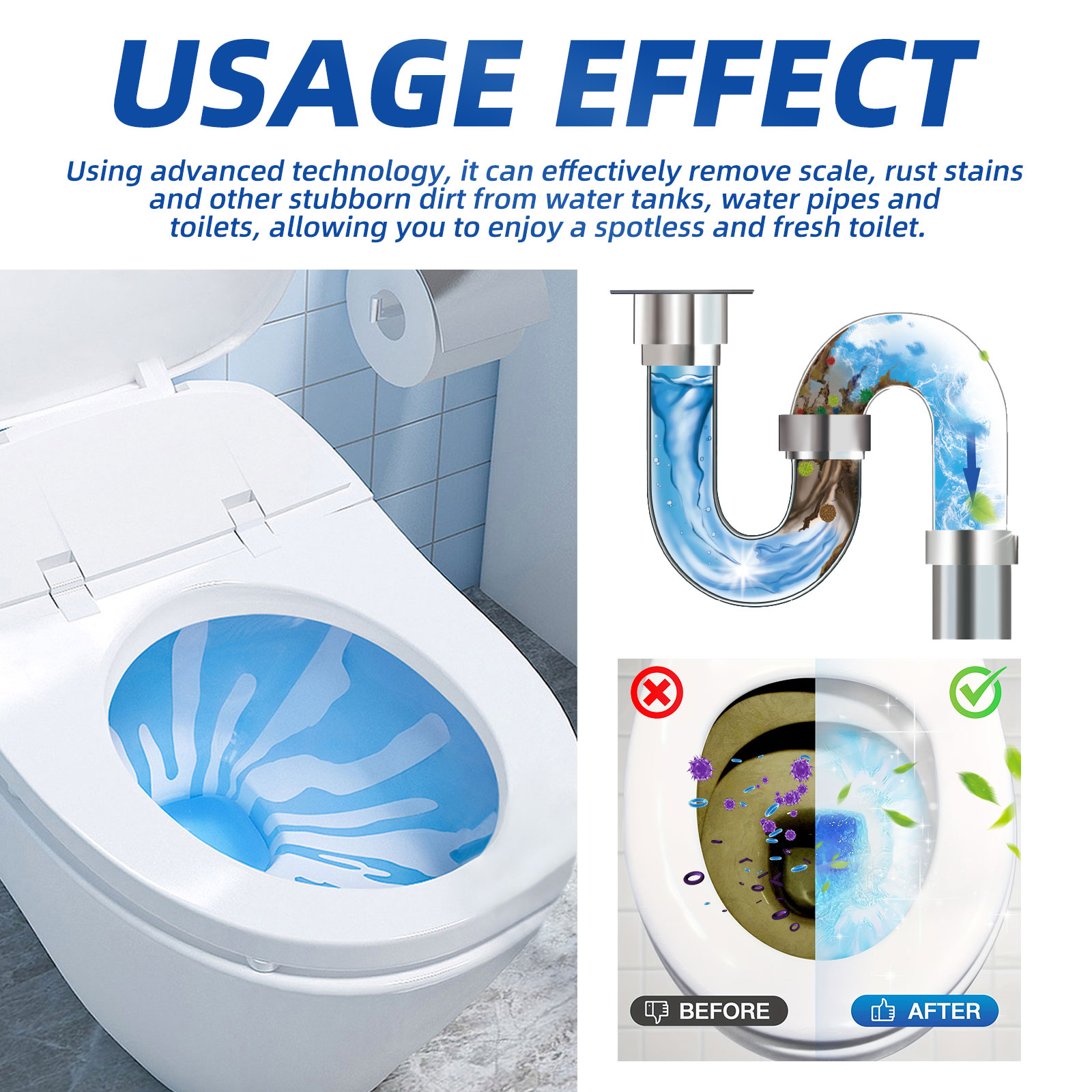 Before and after toilet cleaning effect illustration