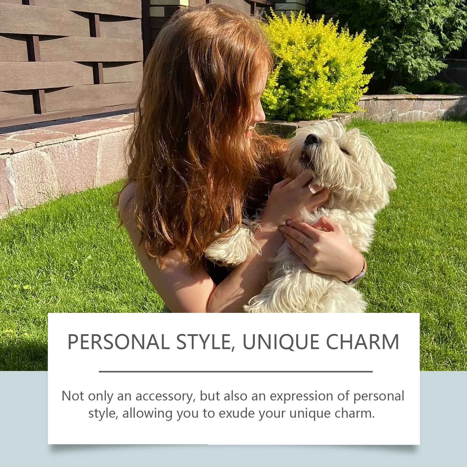 Woman styling copper ring during relaxed outdoor outing