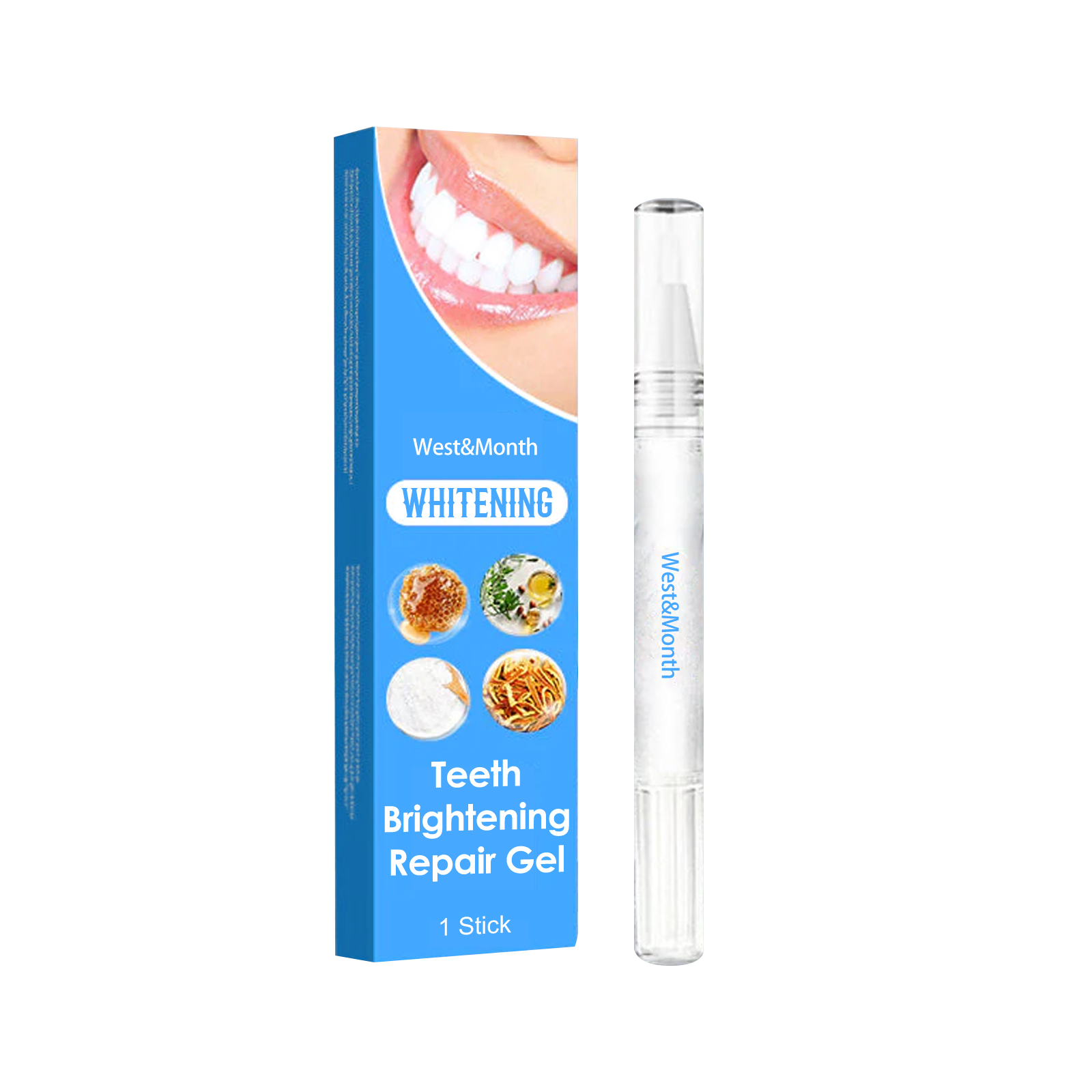 Clear capped whitening pen and branded retail box