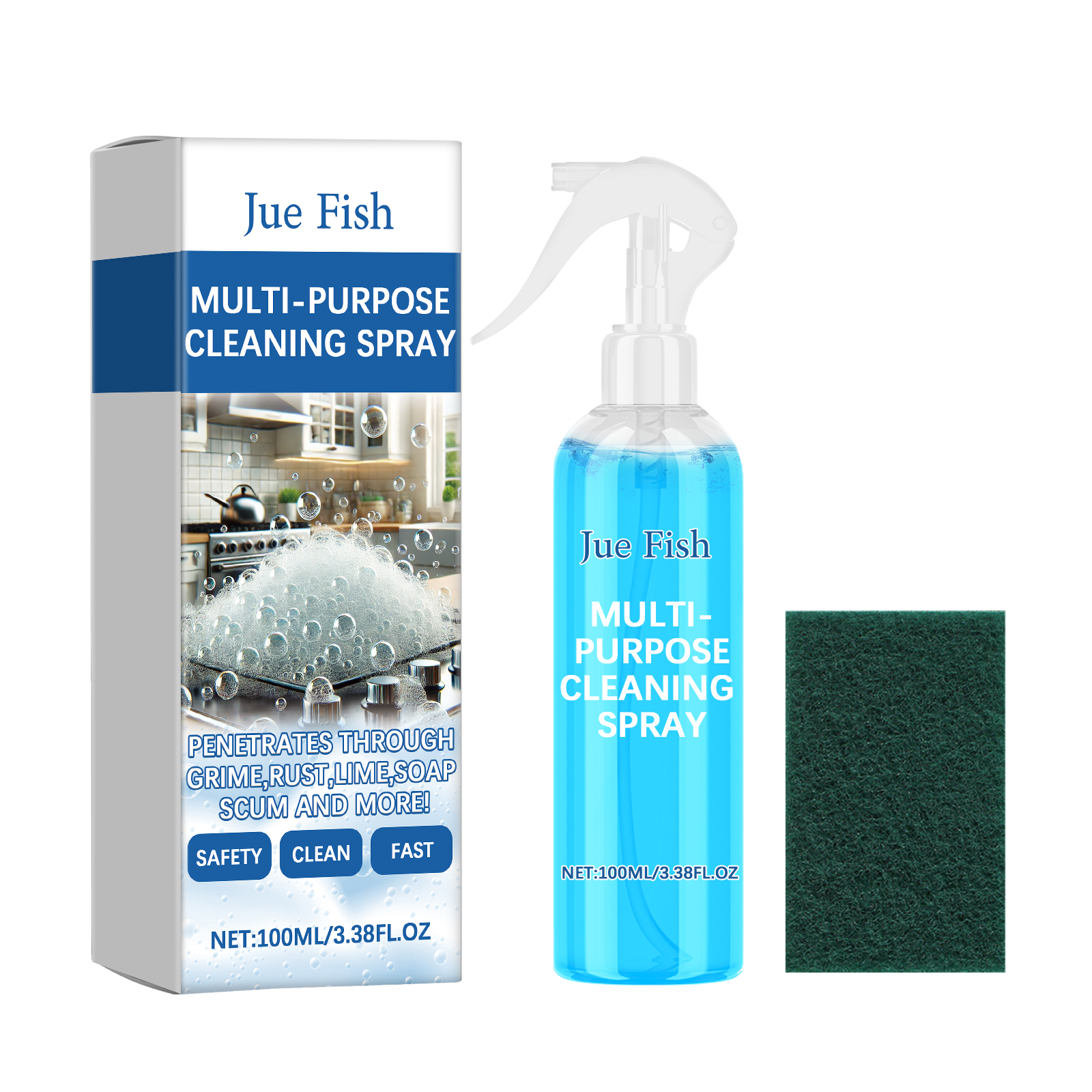 Dark green scrubbing pad beside blue cleaner bottle