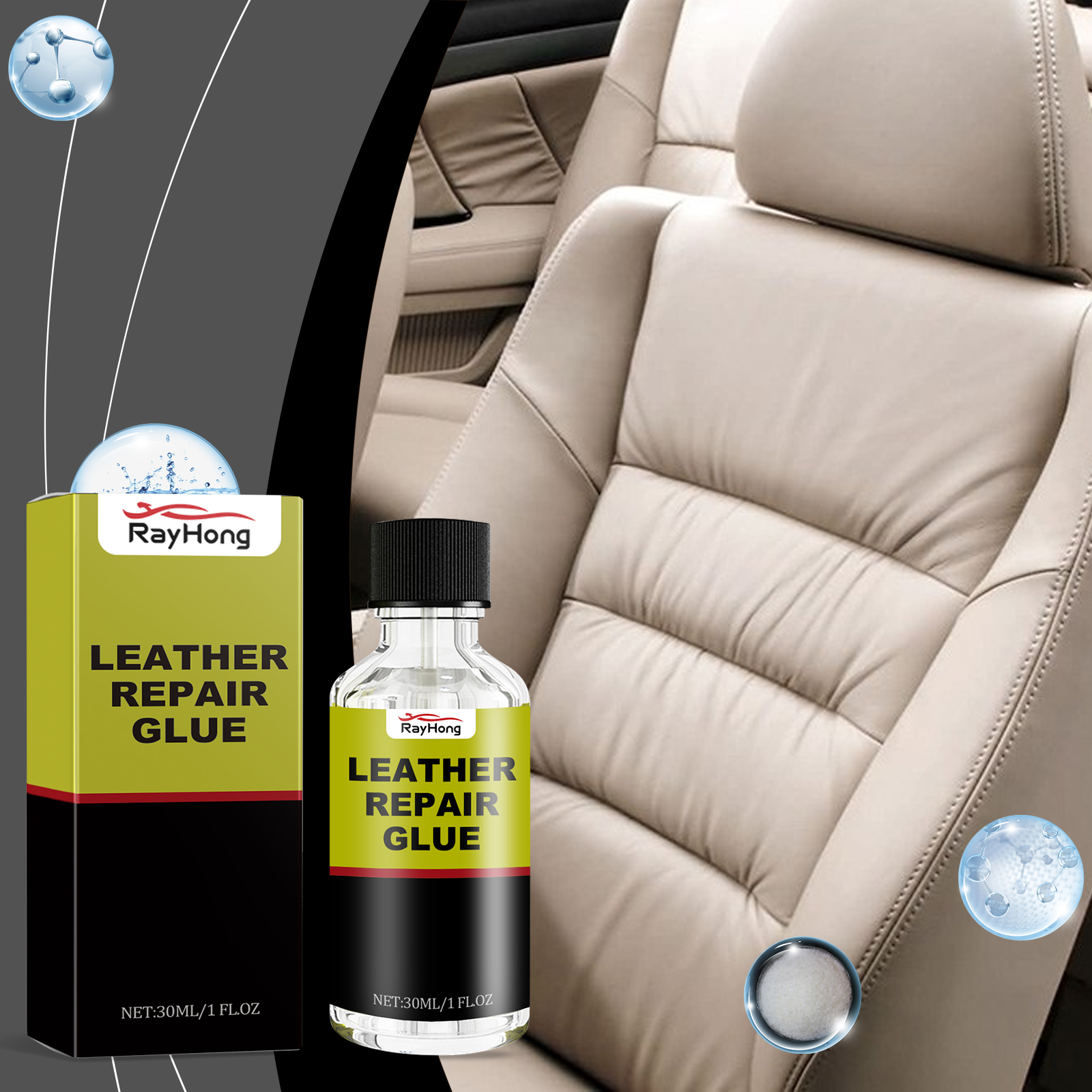 Repair fluid displayed beside cream automotive upholstery