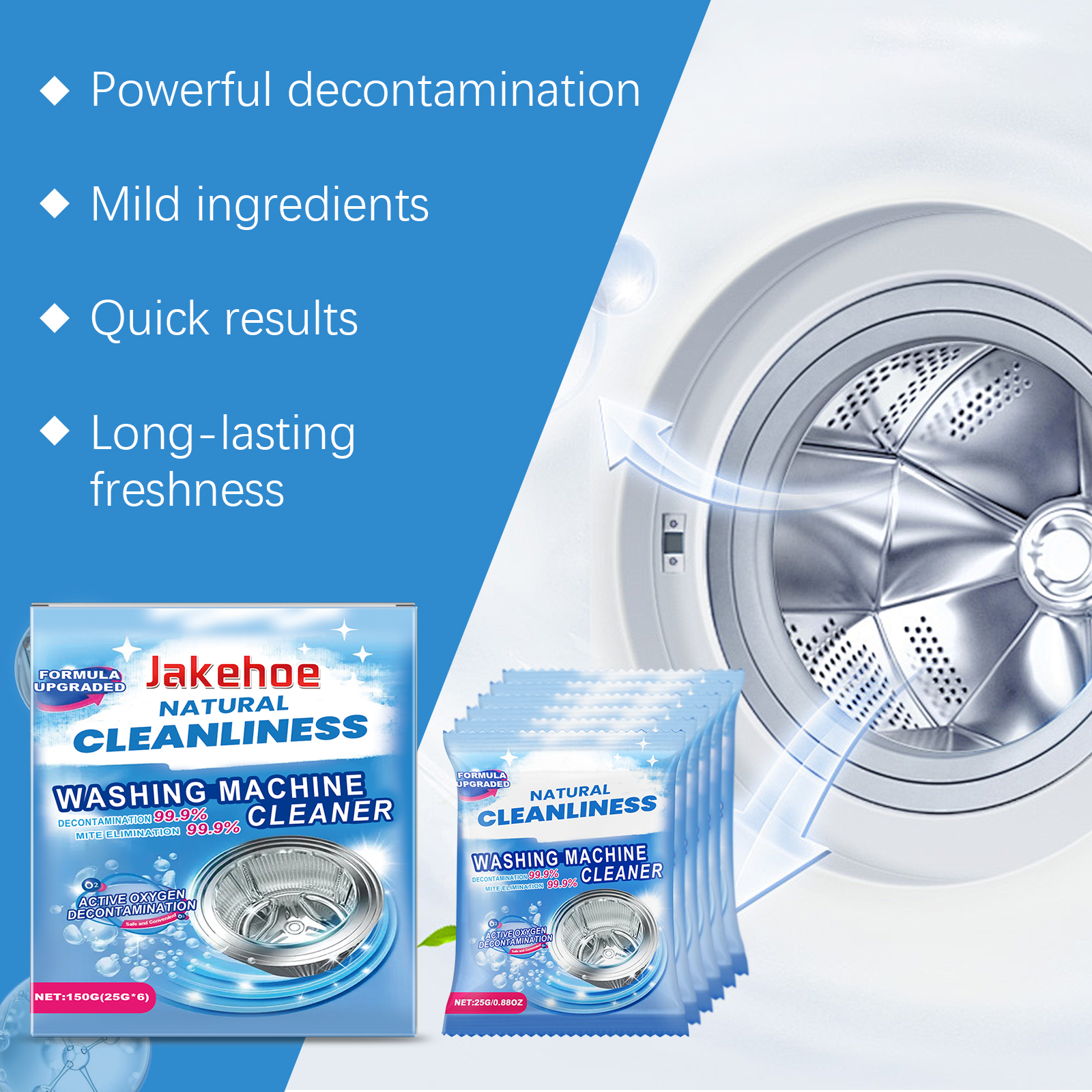 Washer cleaner beside open washing machine