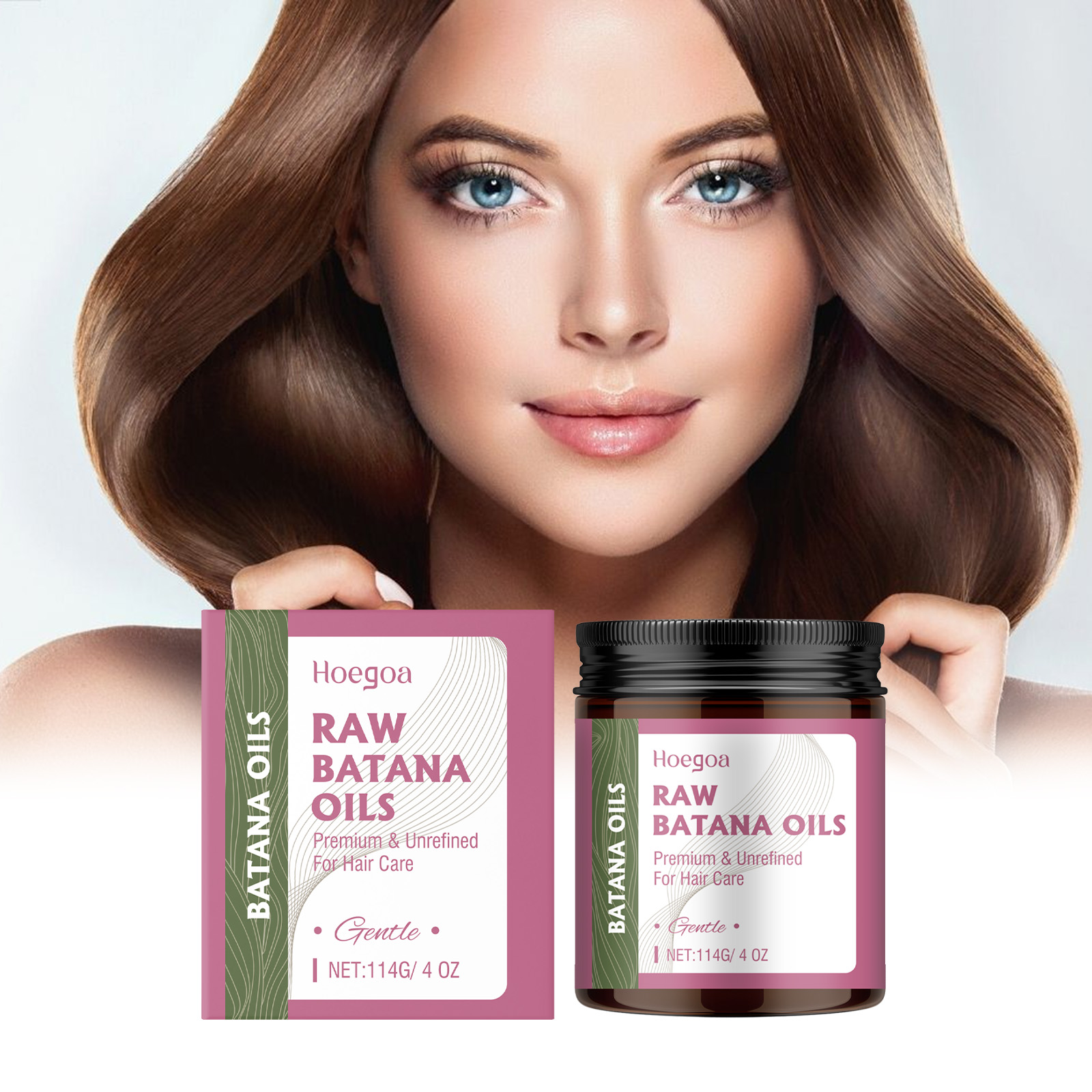 Glossy long hair beside batana oil packaging