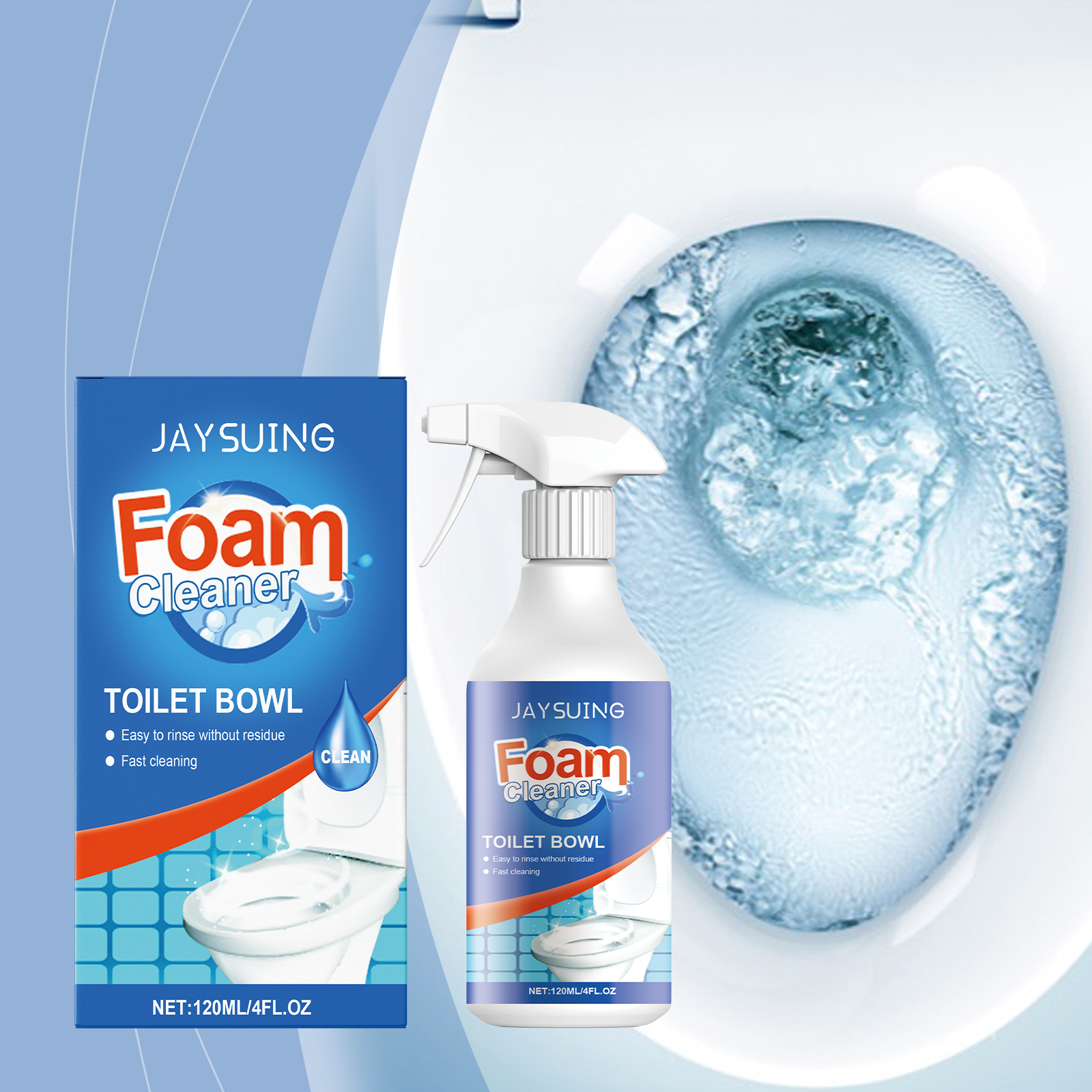 Foam cleaner bottle beside toilet bowl filled with foam