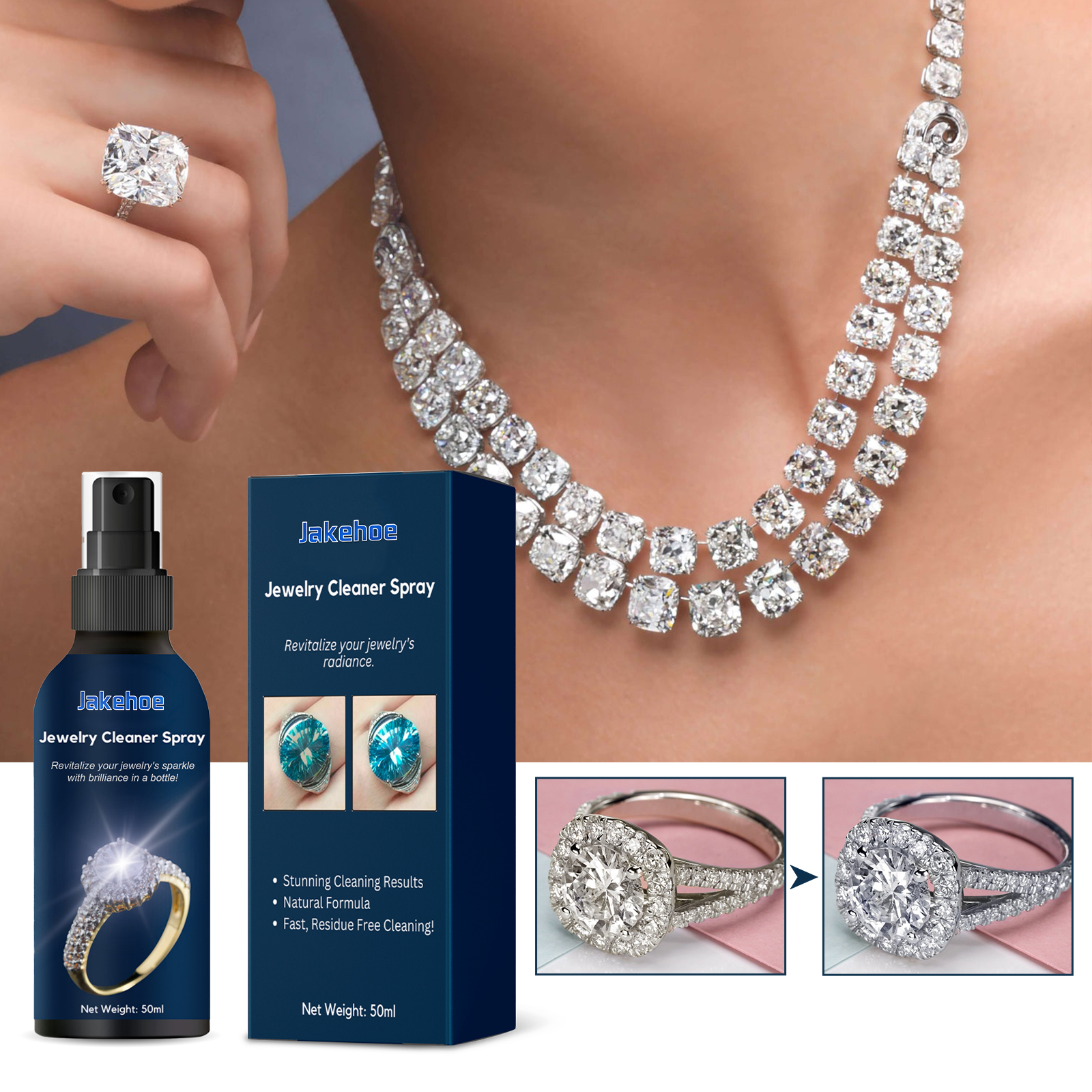 Jewelry cleaner shown beside brighter-looking diamond jewelry
