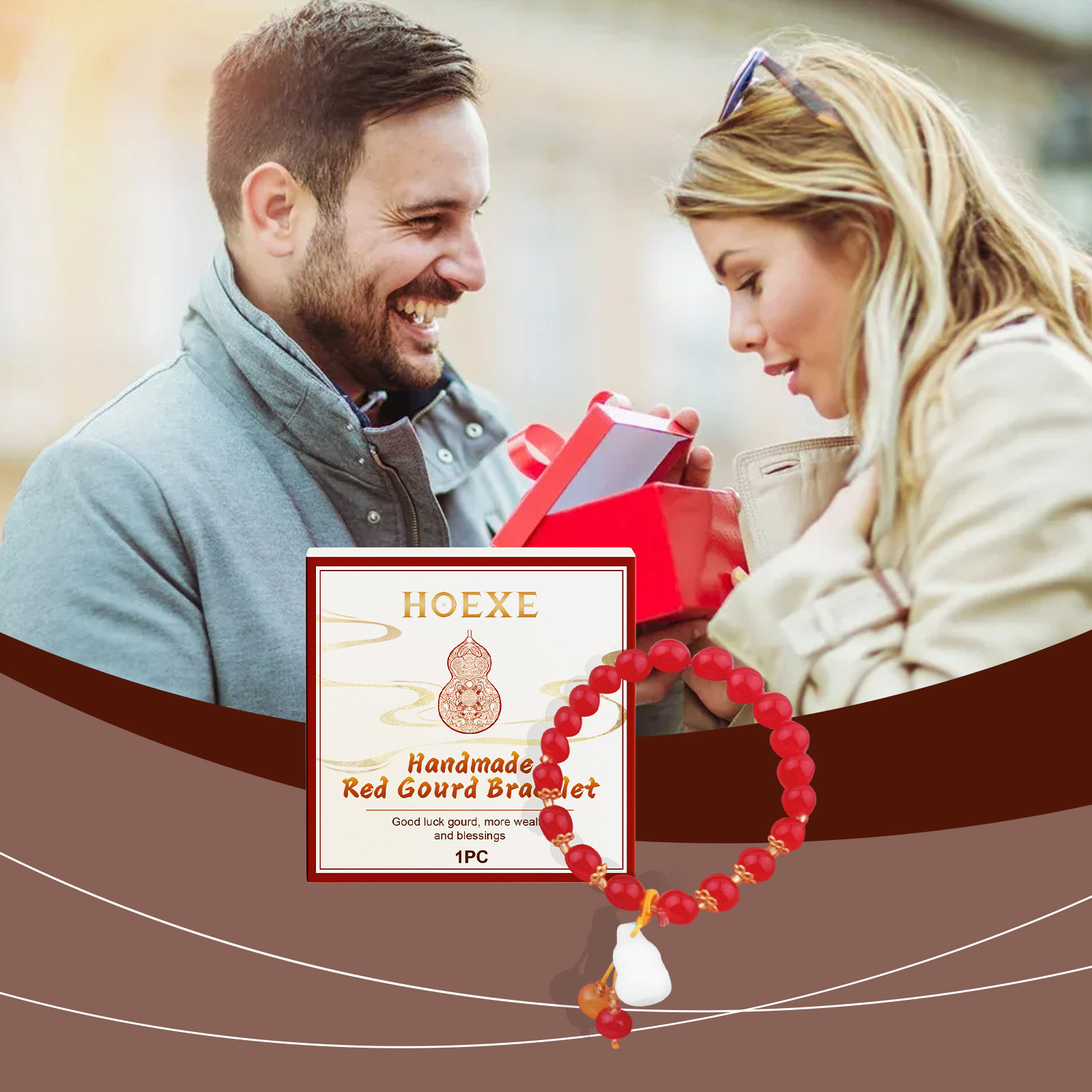Red gourd bracelet arranged beside gift box