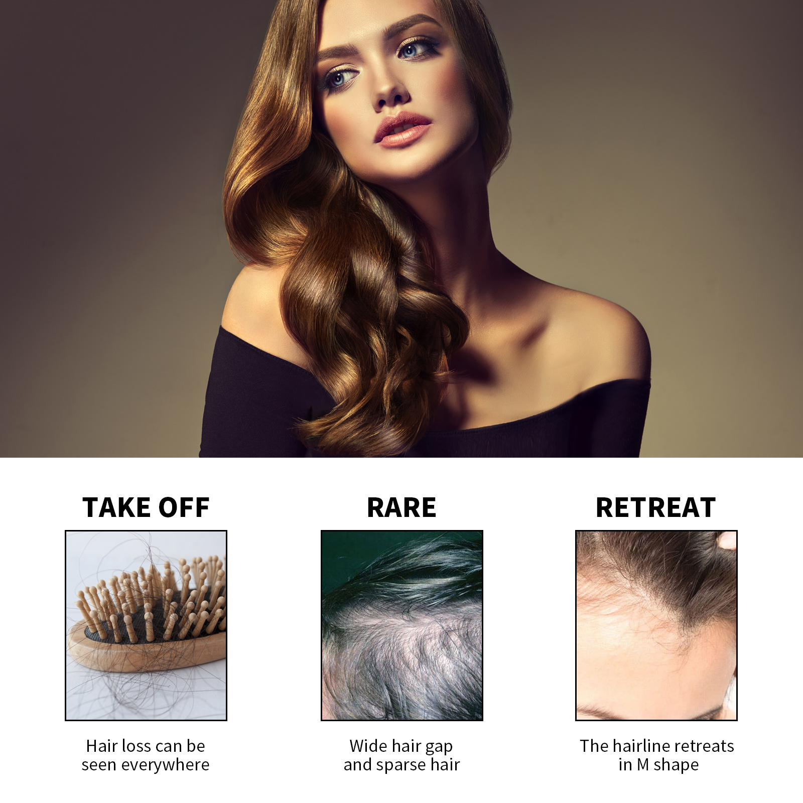Woman with glossy hair beside thinning hairline examples