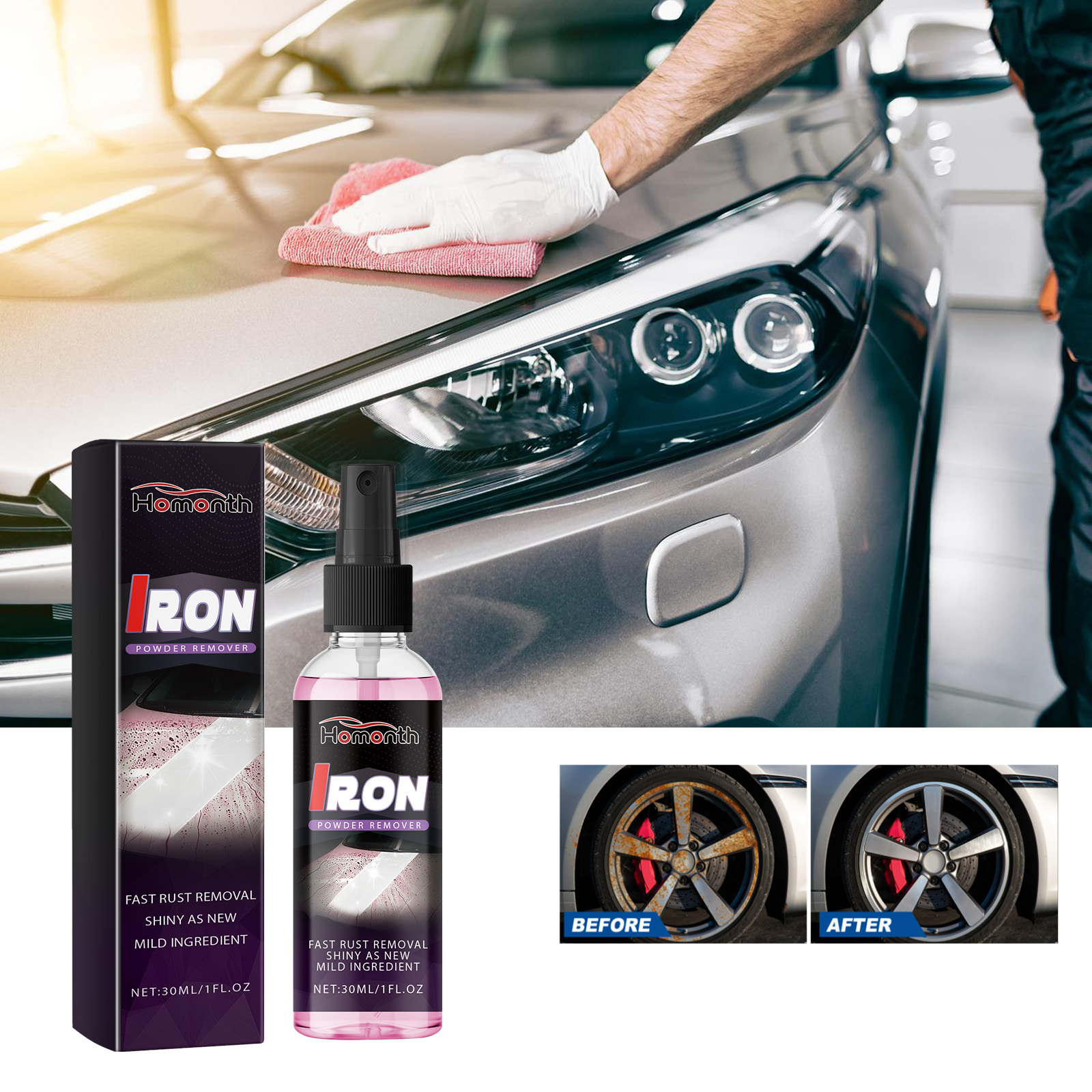 Wheel cleaning scene with visible before-after result