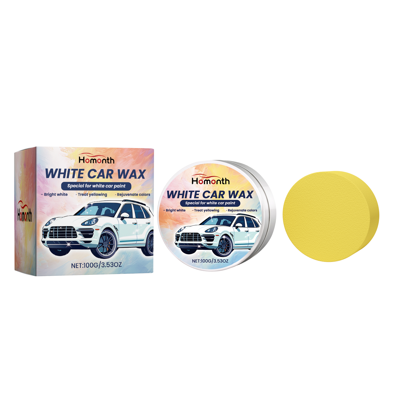 Yellow sponge beside white car polishing wax