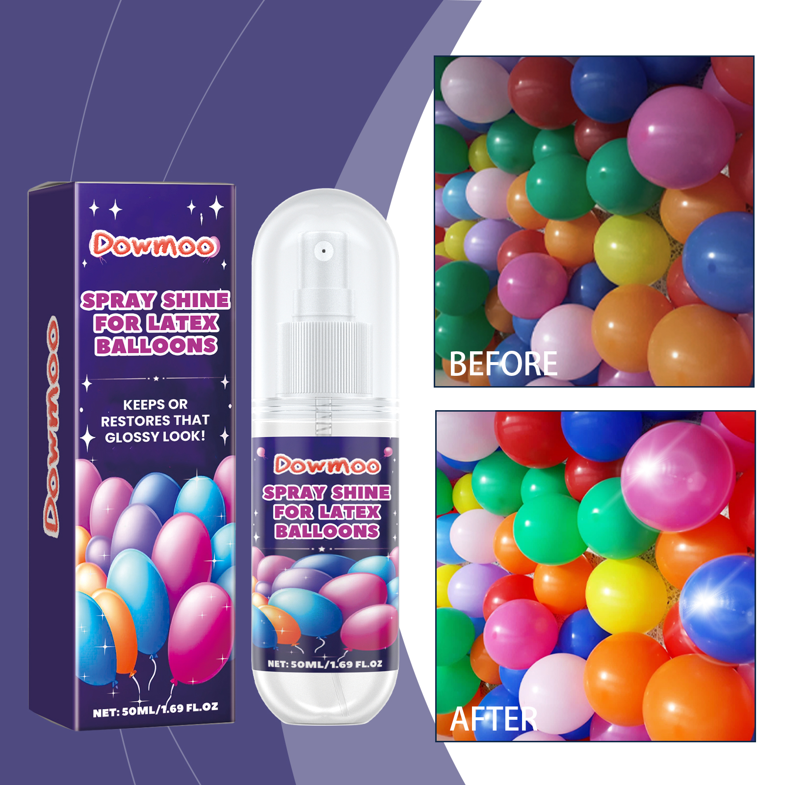 Before and after balloon gloss comparison beside spray