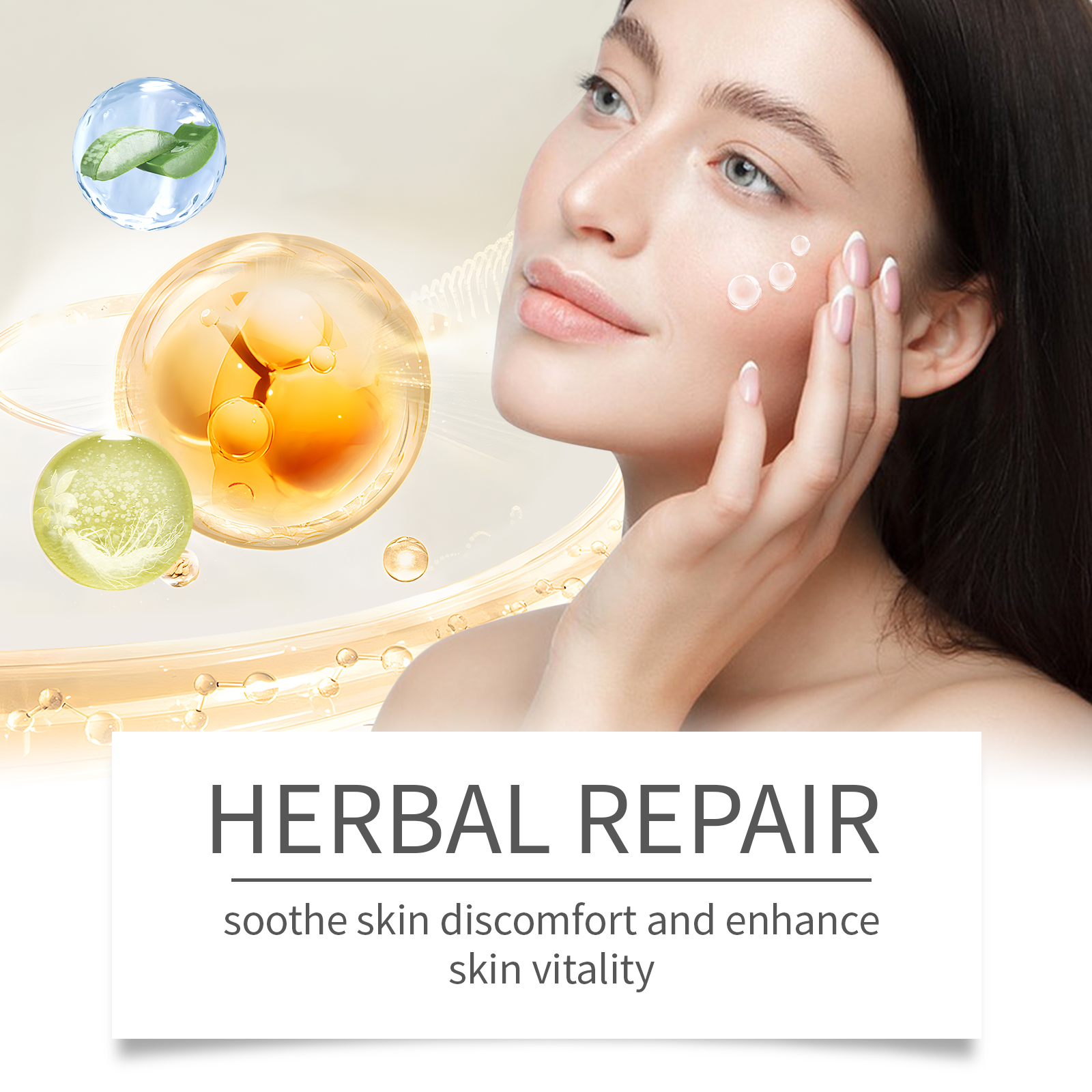 Woman using glycolic toner beside golden liquid detail