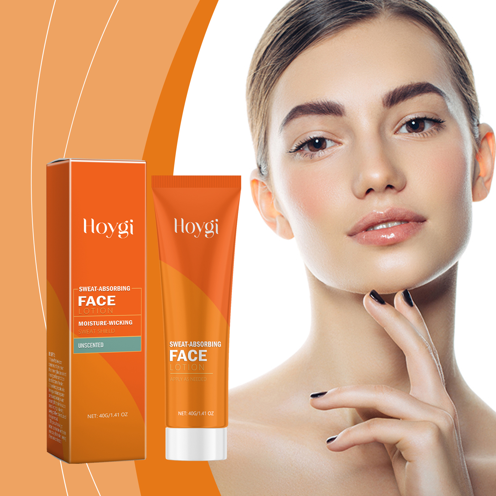 Facial lotion beside portrait showing fresh-looking skin