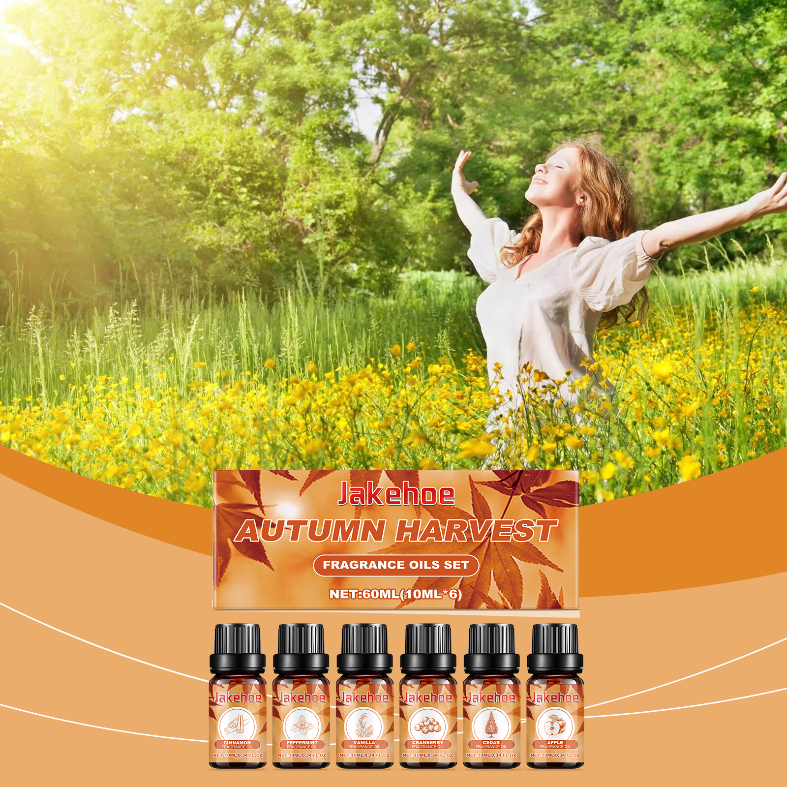 Autumn fragrance oils set shown in an uplifting indoor scene