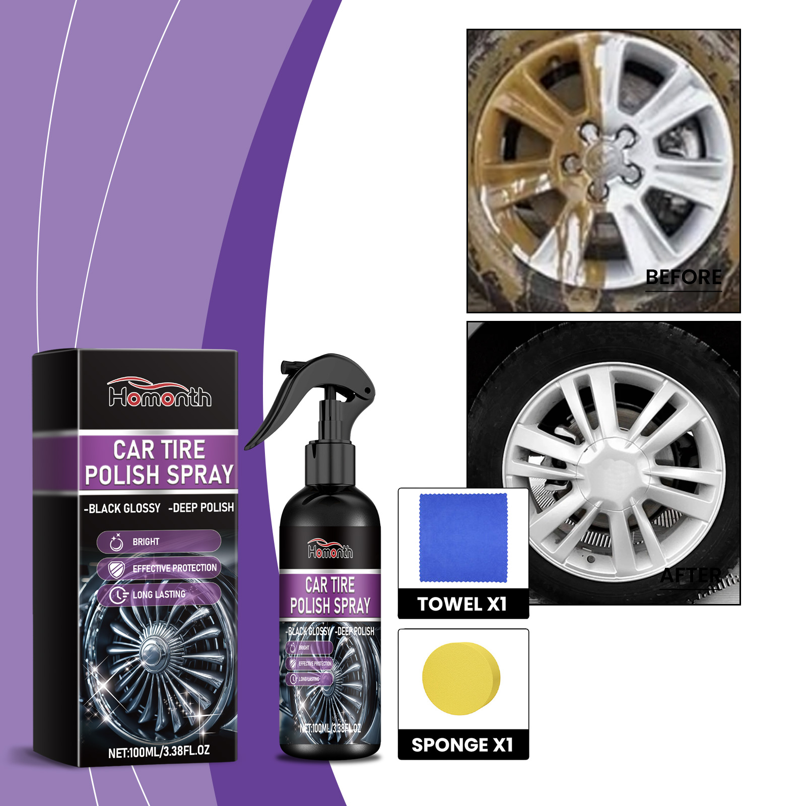 Before and after view of polished black tire sidewall