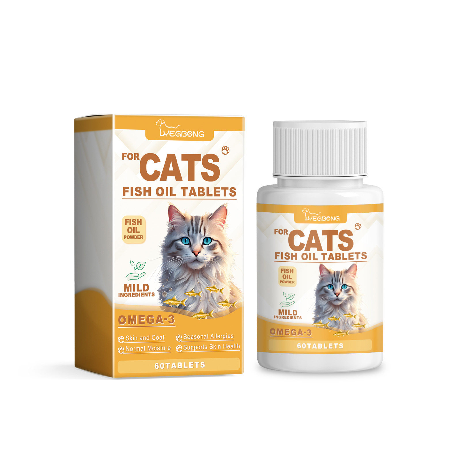 Coordinated cat supplement bottle and printed carton