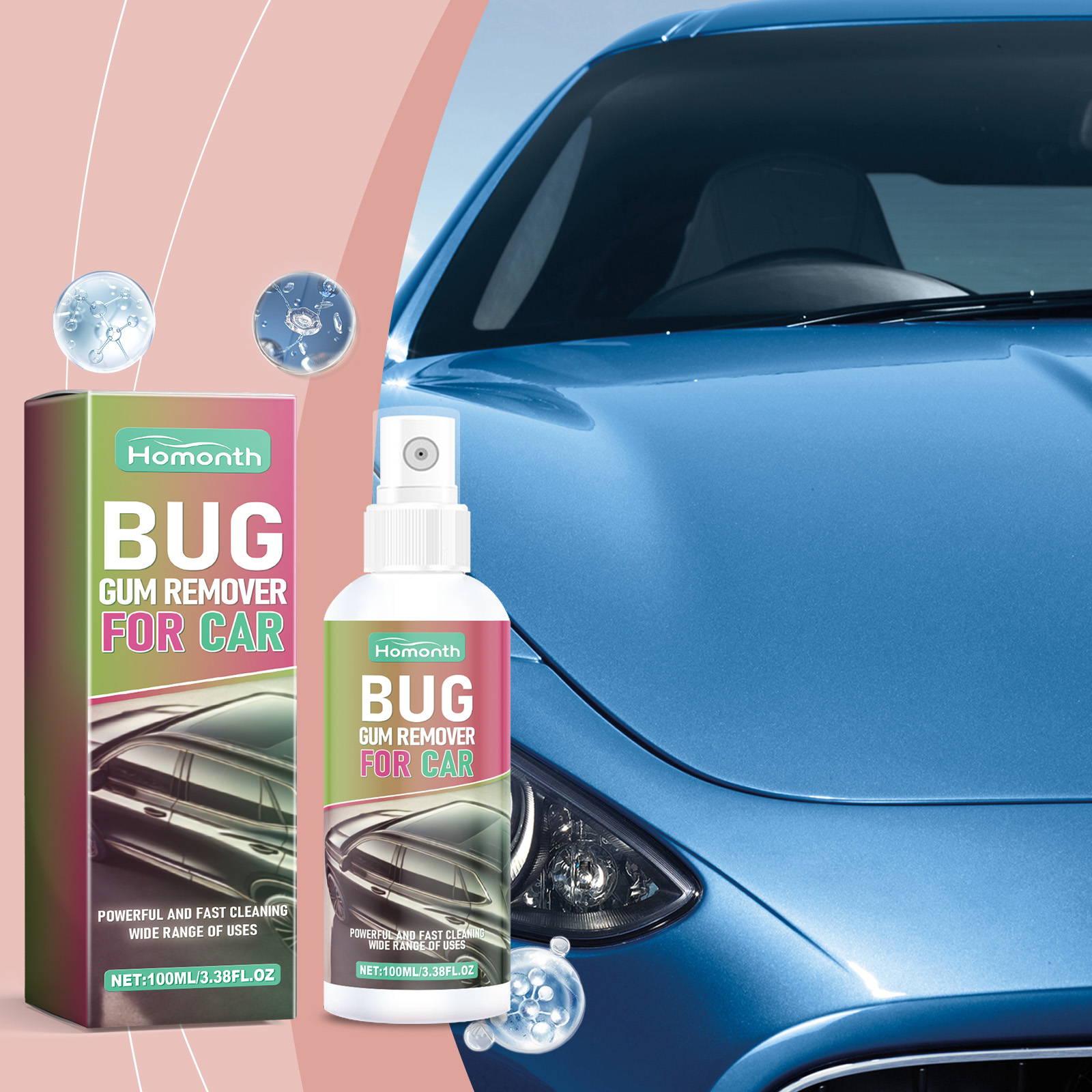Automotive cleaner beside glossy painted car surface