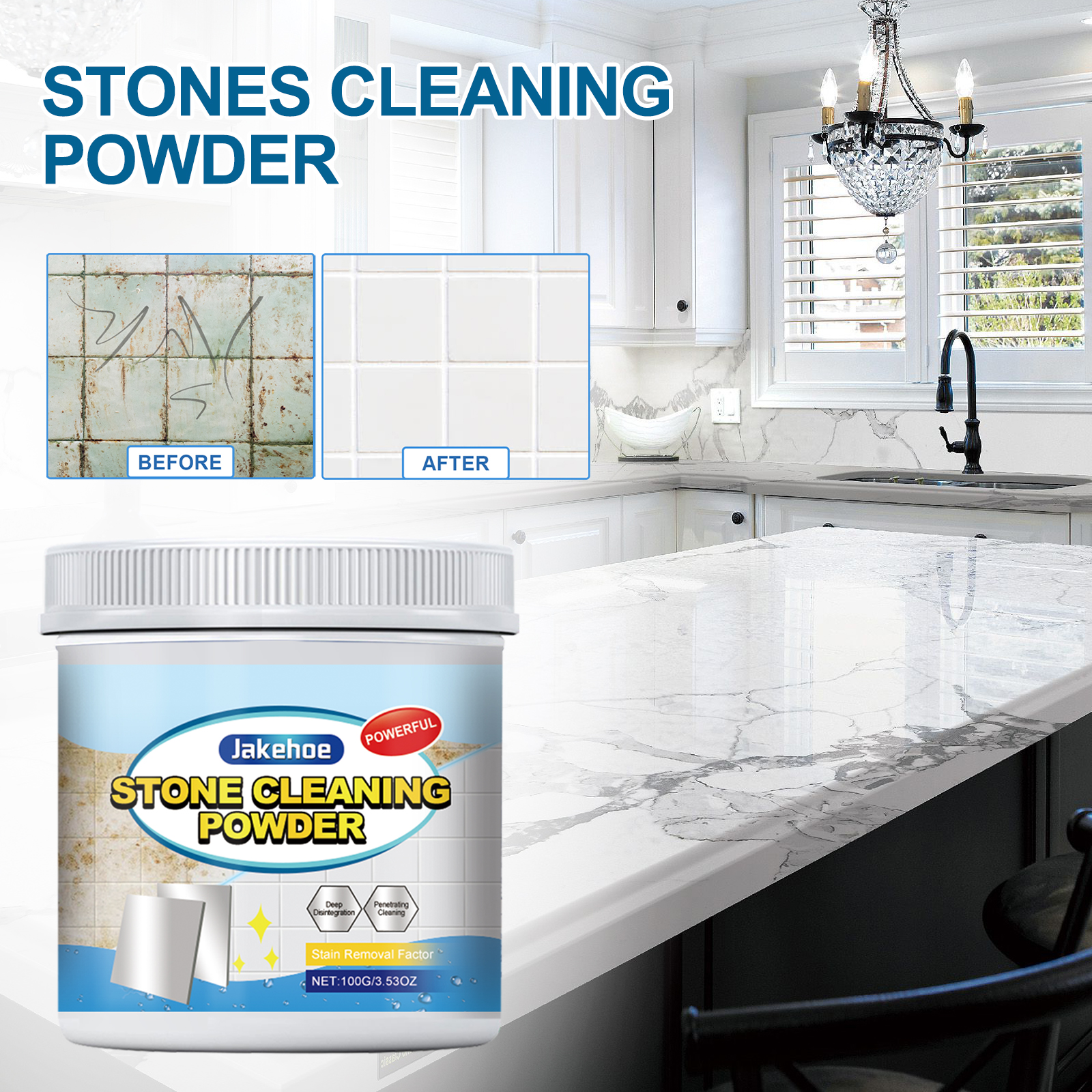 Powder cleaner beside stained countertop treatment