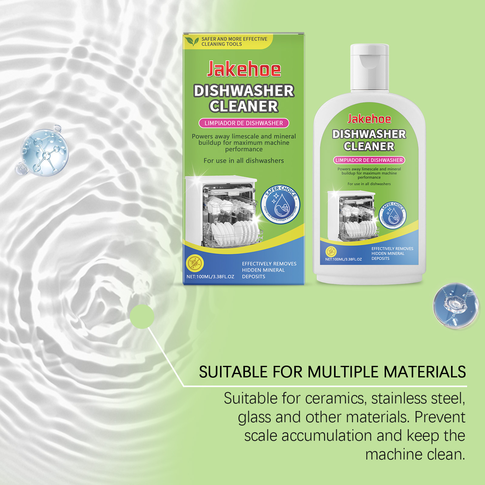 Dishwasher cleaner beside material suitability claims