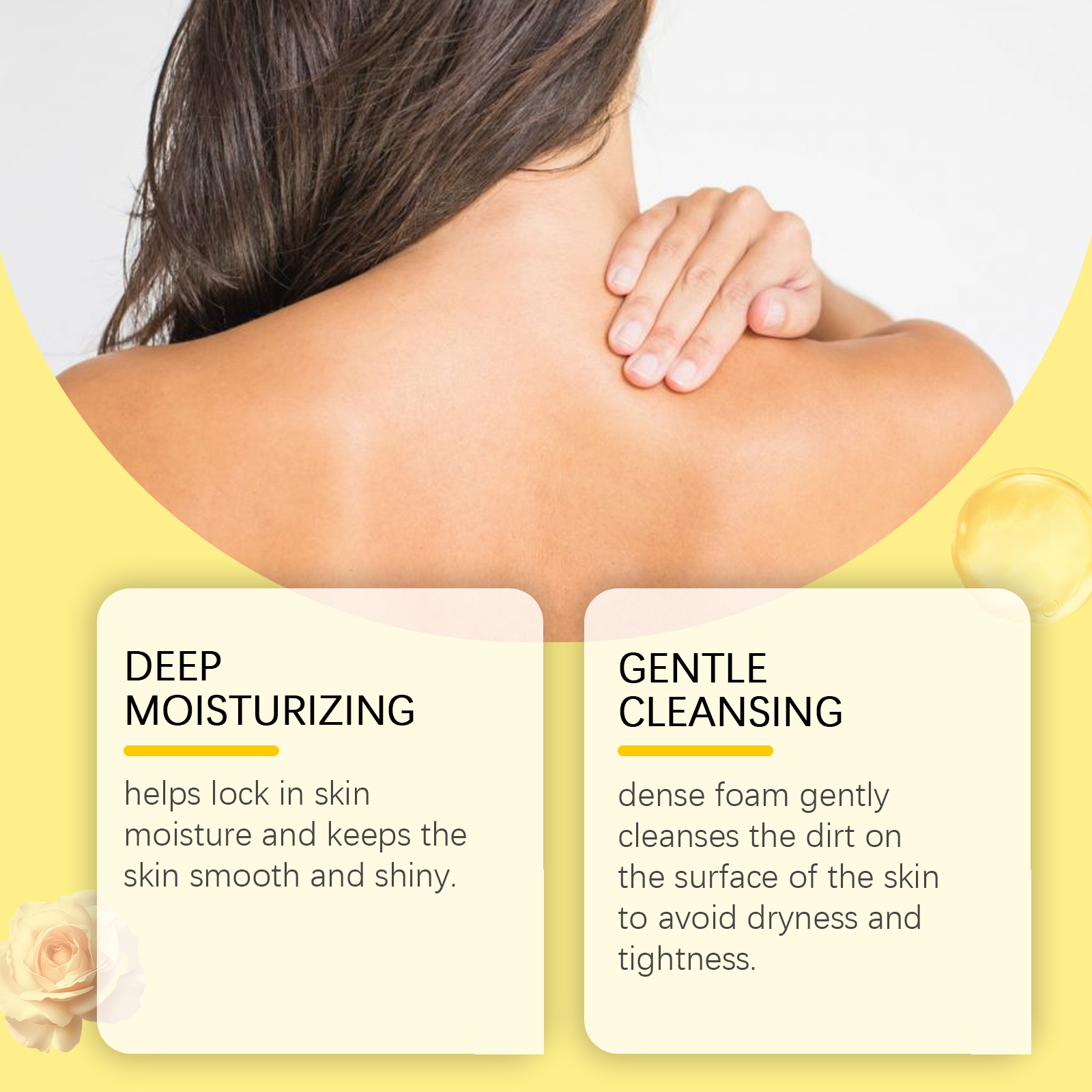 Smooth shoulder skin beside moisturizing cleansing claims