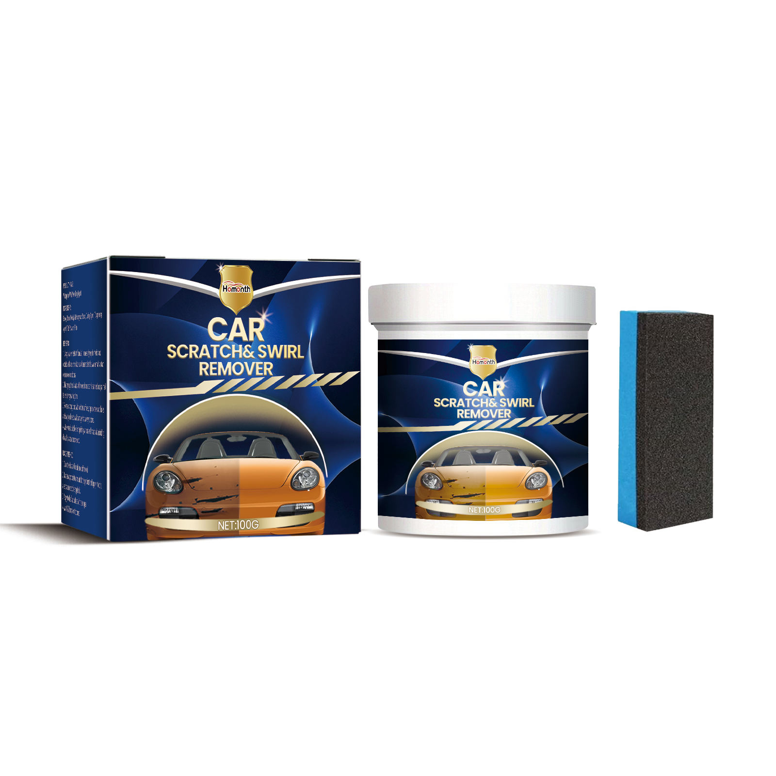 Dark blue and gold car scratch remover packaging