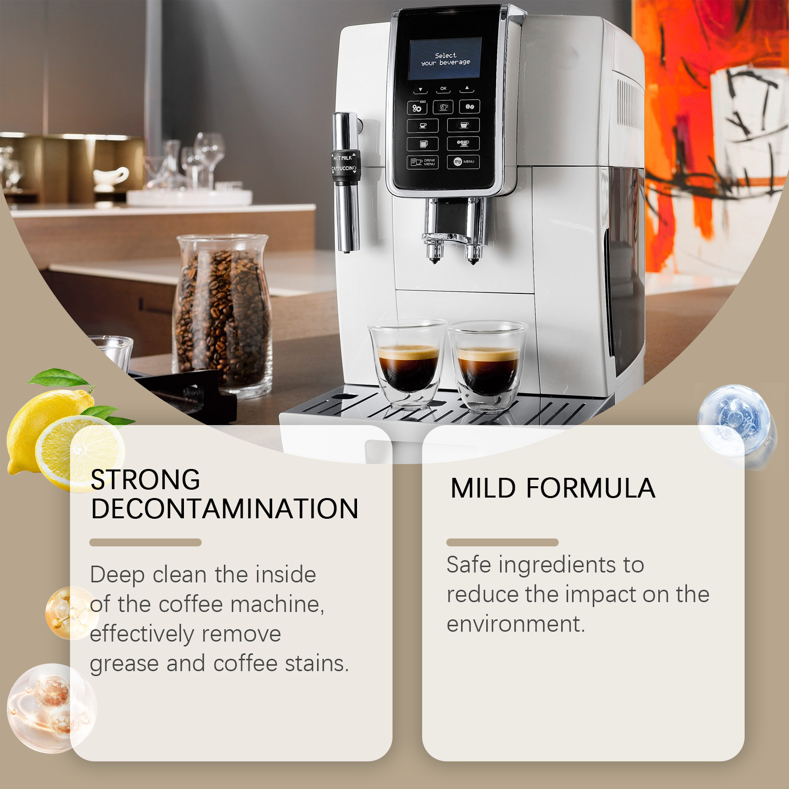 Coffee machine cleaning solution with mild formula messaging